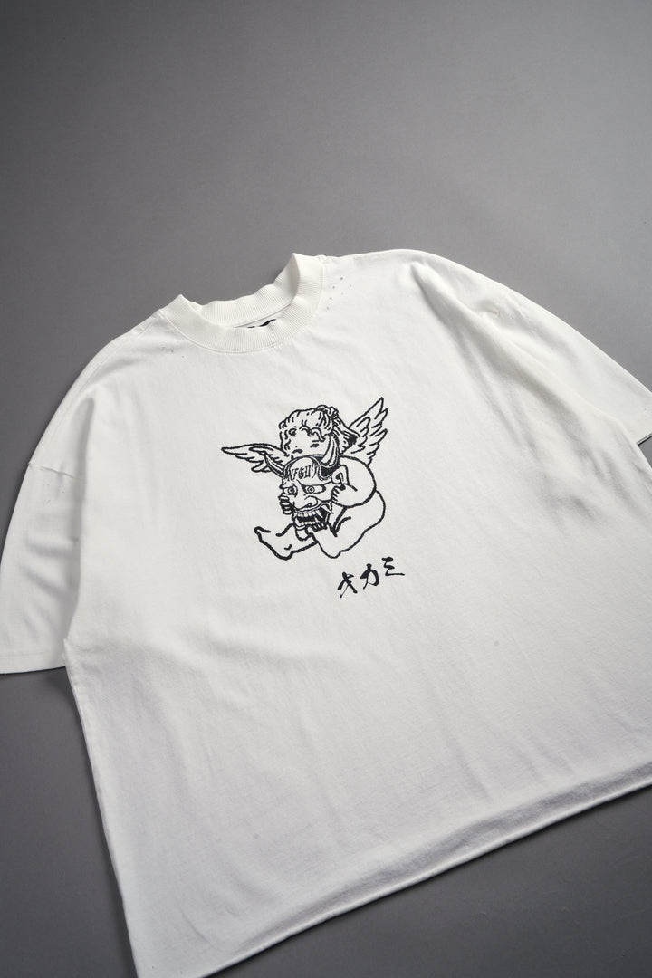 Oni Cherub Distressed Grunge Mid Length Raw Hem Tee in Cream