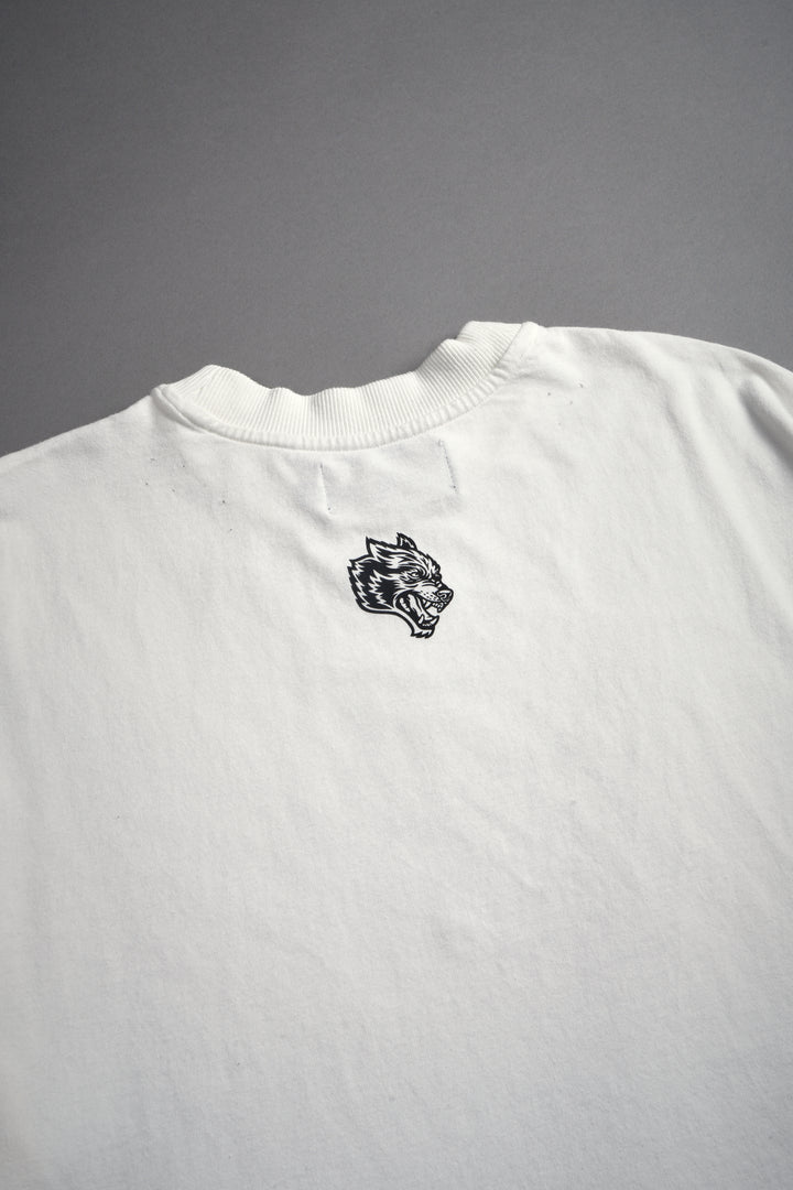 Oni Cherub Distressed Grunge Mid Length Raw Hem Tee in Cream