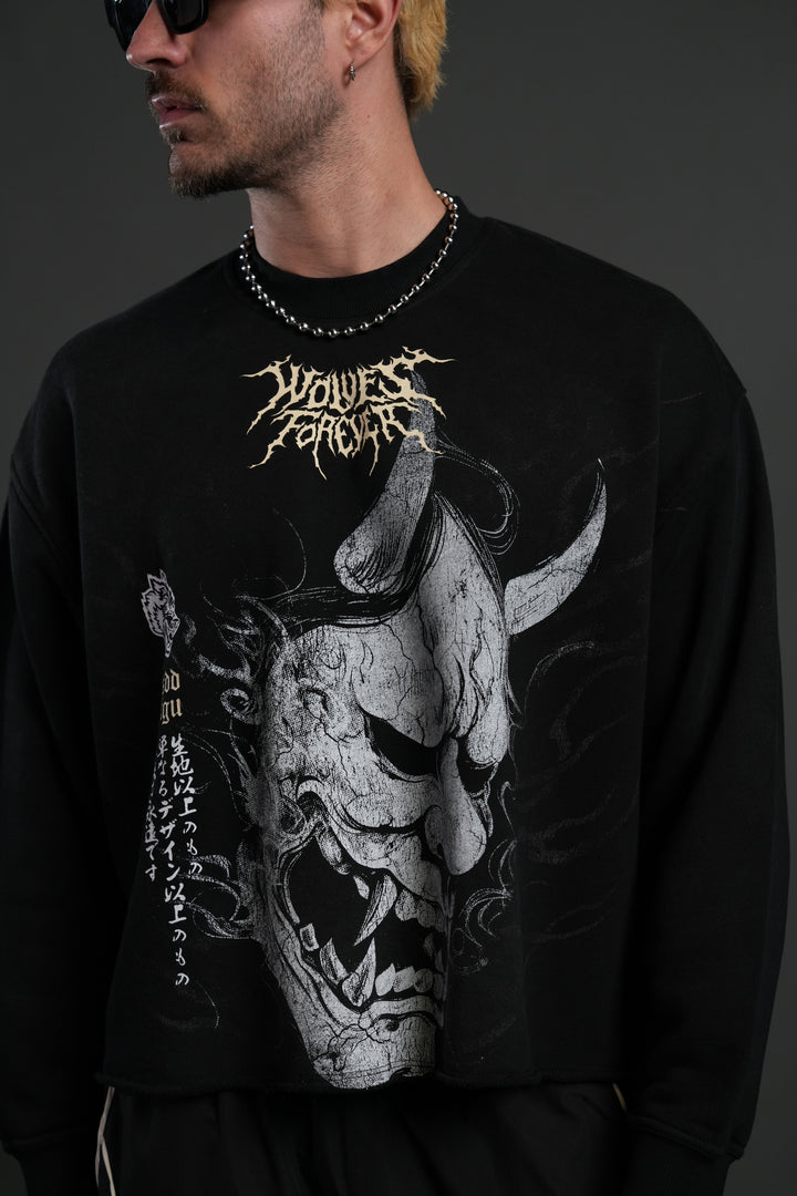 Hannya Inferno Raw Hem "Box Cut" Crewneck in Black Sun Fade