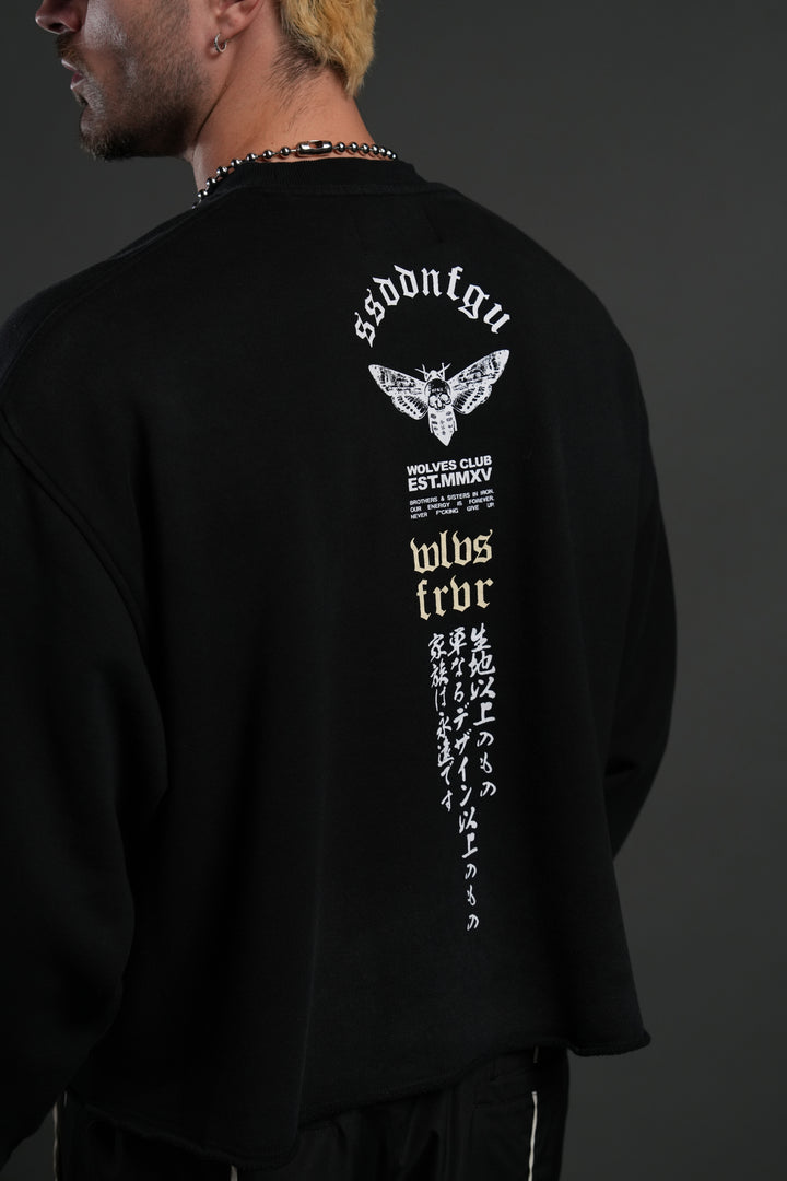 Hannya Inferno Raw Hem "Box Cut" Crewneck in Black Sun Fade