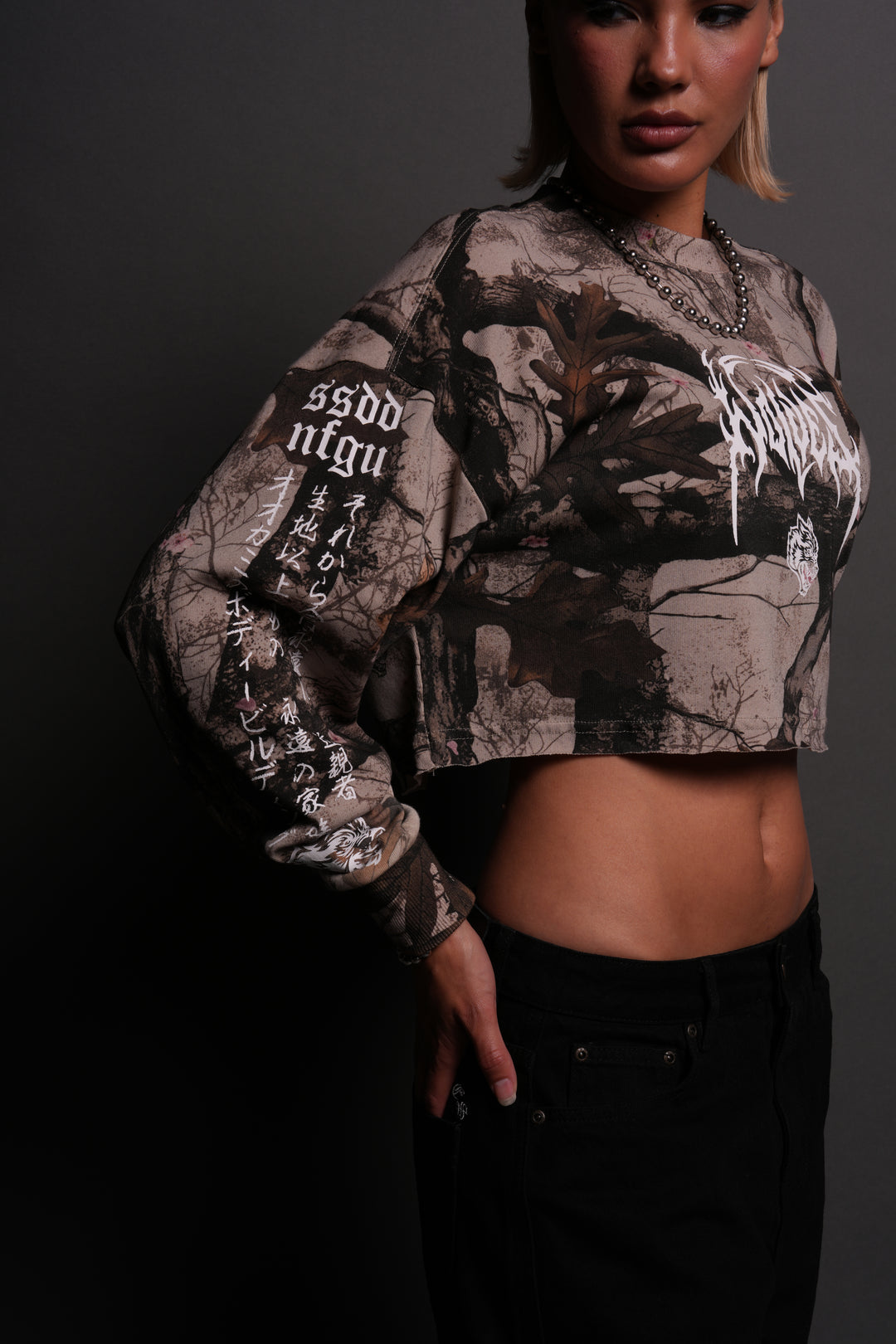 Hesh Kanji "Premium" Oversized Cropped L/S Tee in Cherry Blossom Woodland Camo