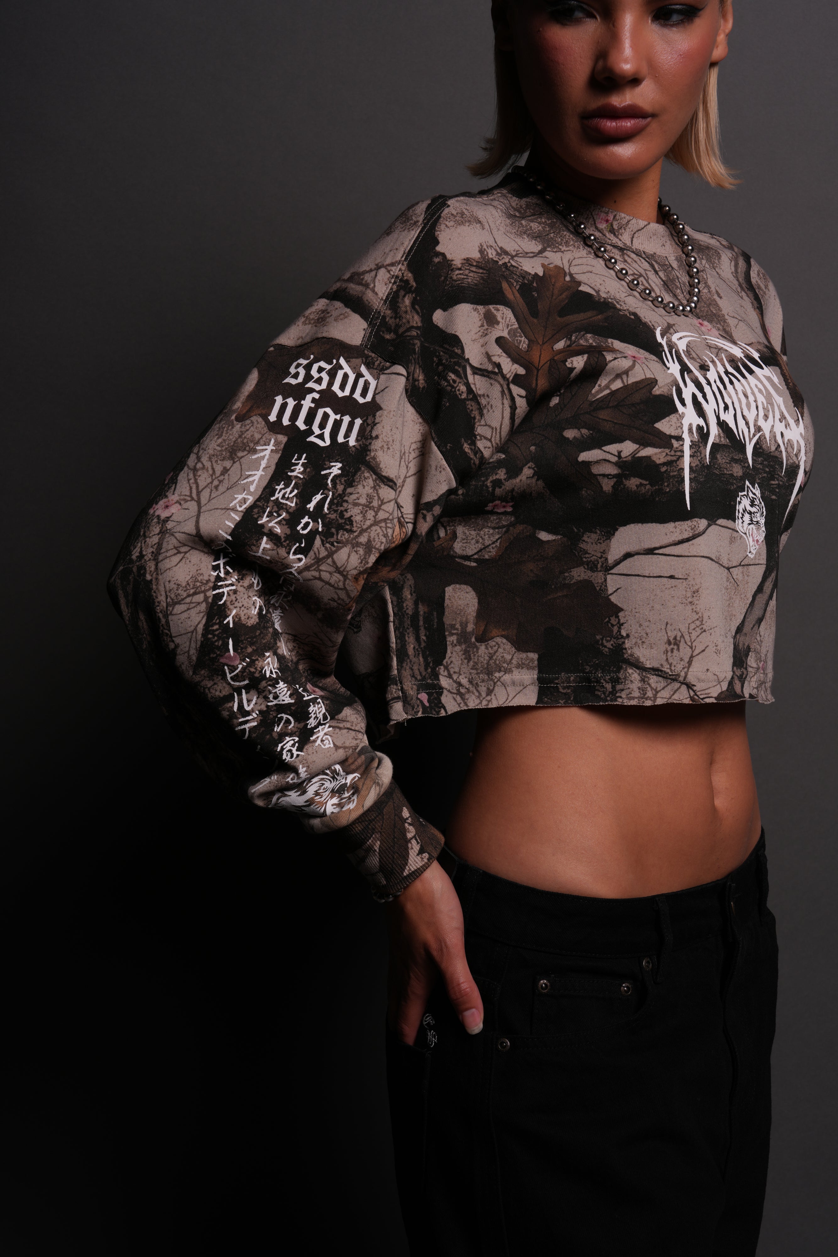 Hesh Kanji "Premium" Oversized Cropped L/S Tee in Cherry Blossom Woodland Camo