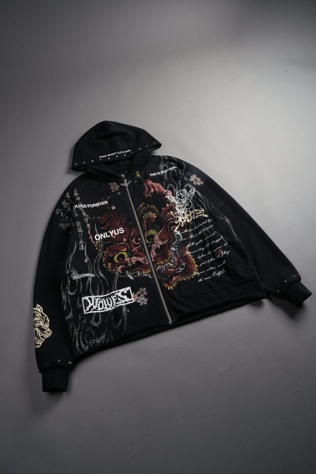 Shutendoji Distressed Grunge Mid Length Raw Hem Zip Hoodie in Black