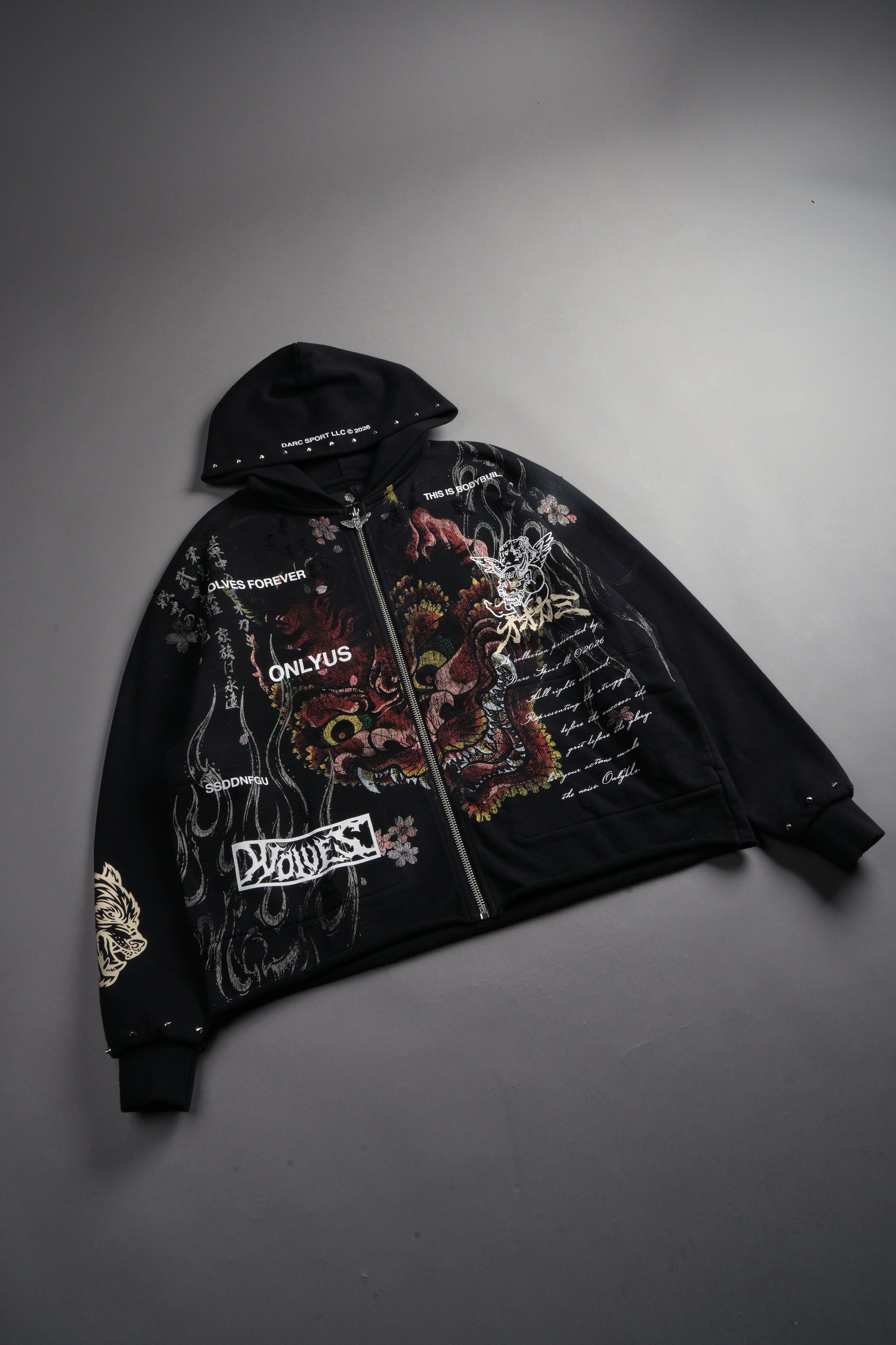 Shutendoji Distressed Grunge Mid Length Raw Hem Zip Hoodie in Black