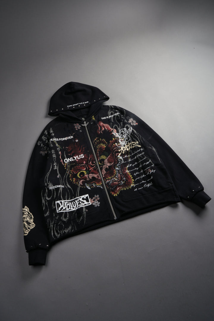 Shutendoji Distressed Grunge Mid Length Raw Hem Zip Hoodie in Black