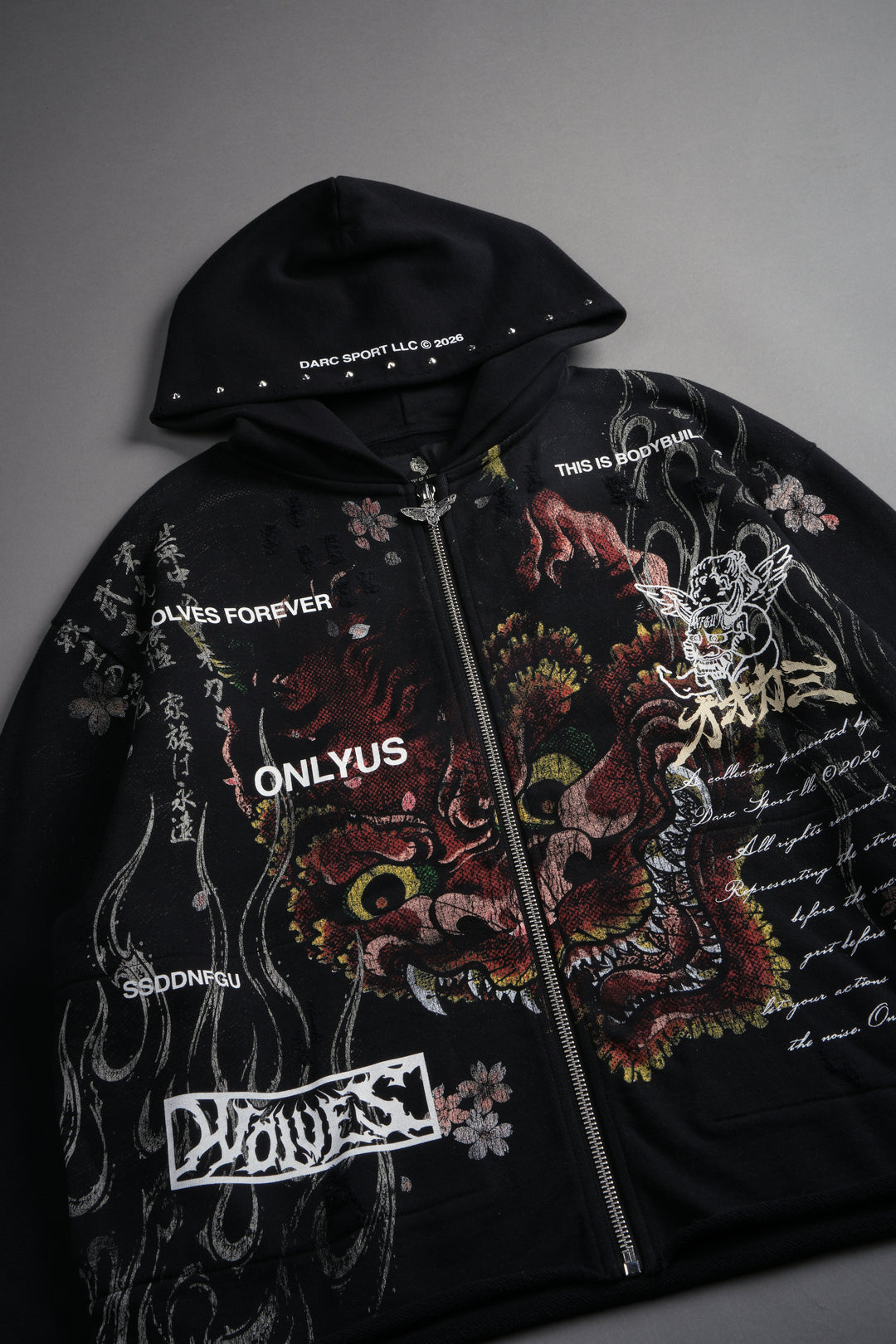 Shutendoji Distressed Grunge Mid Length Raw Hem Zip Hoodie in Black