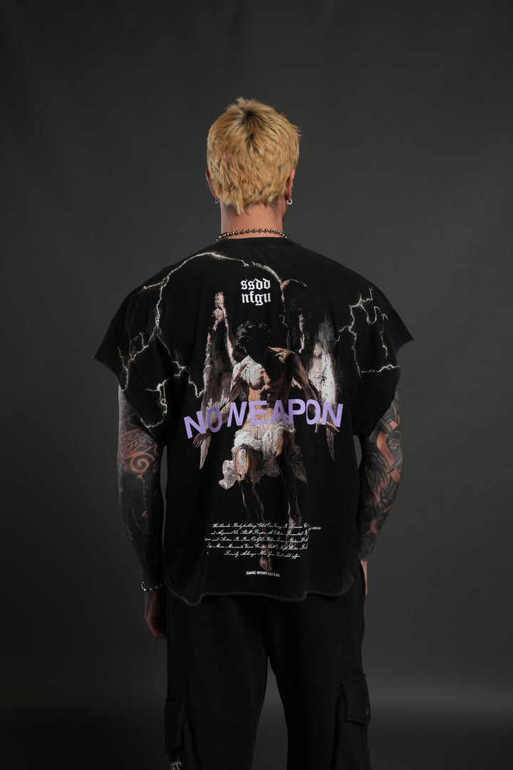 Fallen Angel Grunge Cut-Off Tee in Black