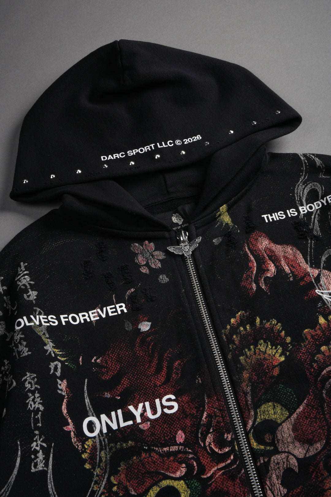 Shutendoji Distressed Grunge Mid Length Raw Hem Zip Hoodie in Black