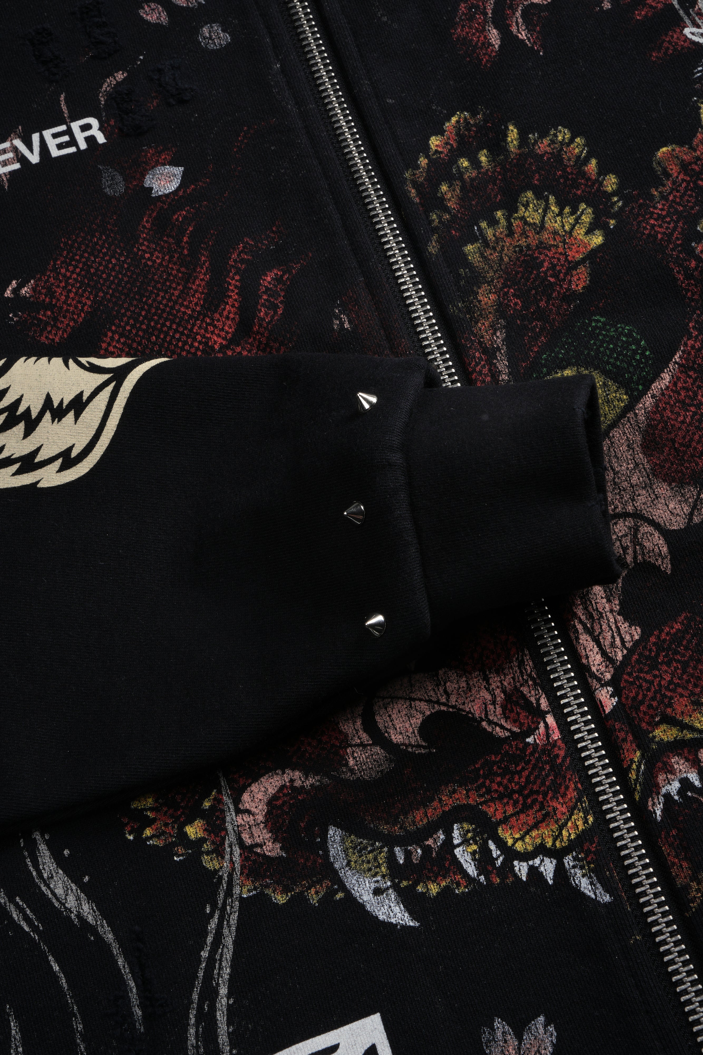 Shutendoji Distressed Grunge Mid Length Raw Hem Zip Hoodie in Black