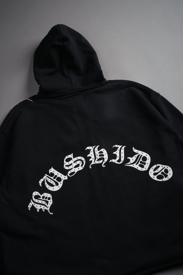 Shutendoji Distressed Grunge Mid Length Raw Hem Zip Hoodie in Black