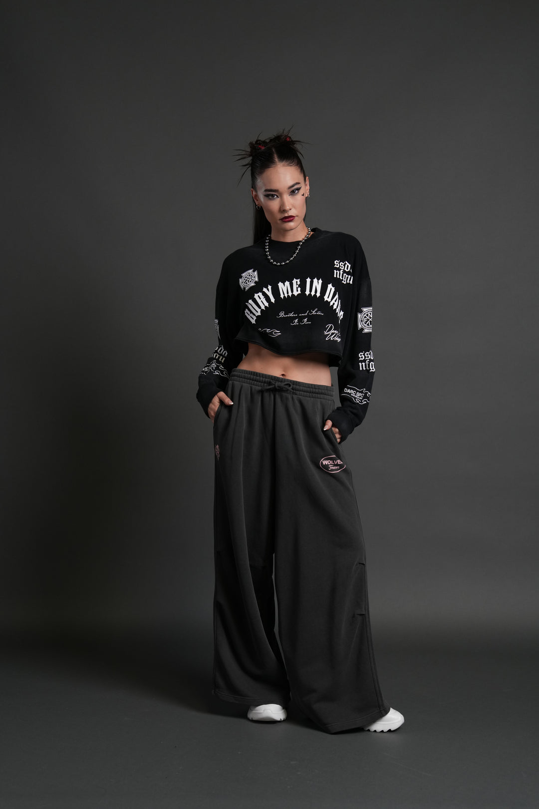 Wolves For Life "Premium" Oversized Cropped L/S Tee in Black Drift Wash