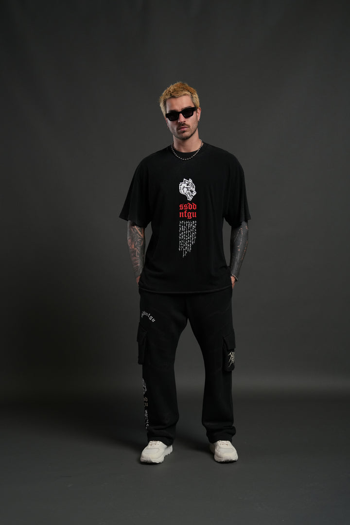 Fallen Angel Raw Hem Premium Oversized Tee in Black