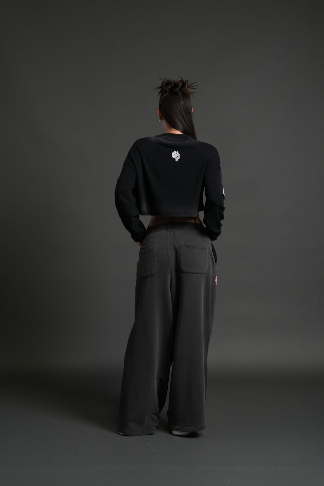 Wolves For Life "Premium" Oversized Cropped L/S Tee in Black Drift Wash