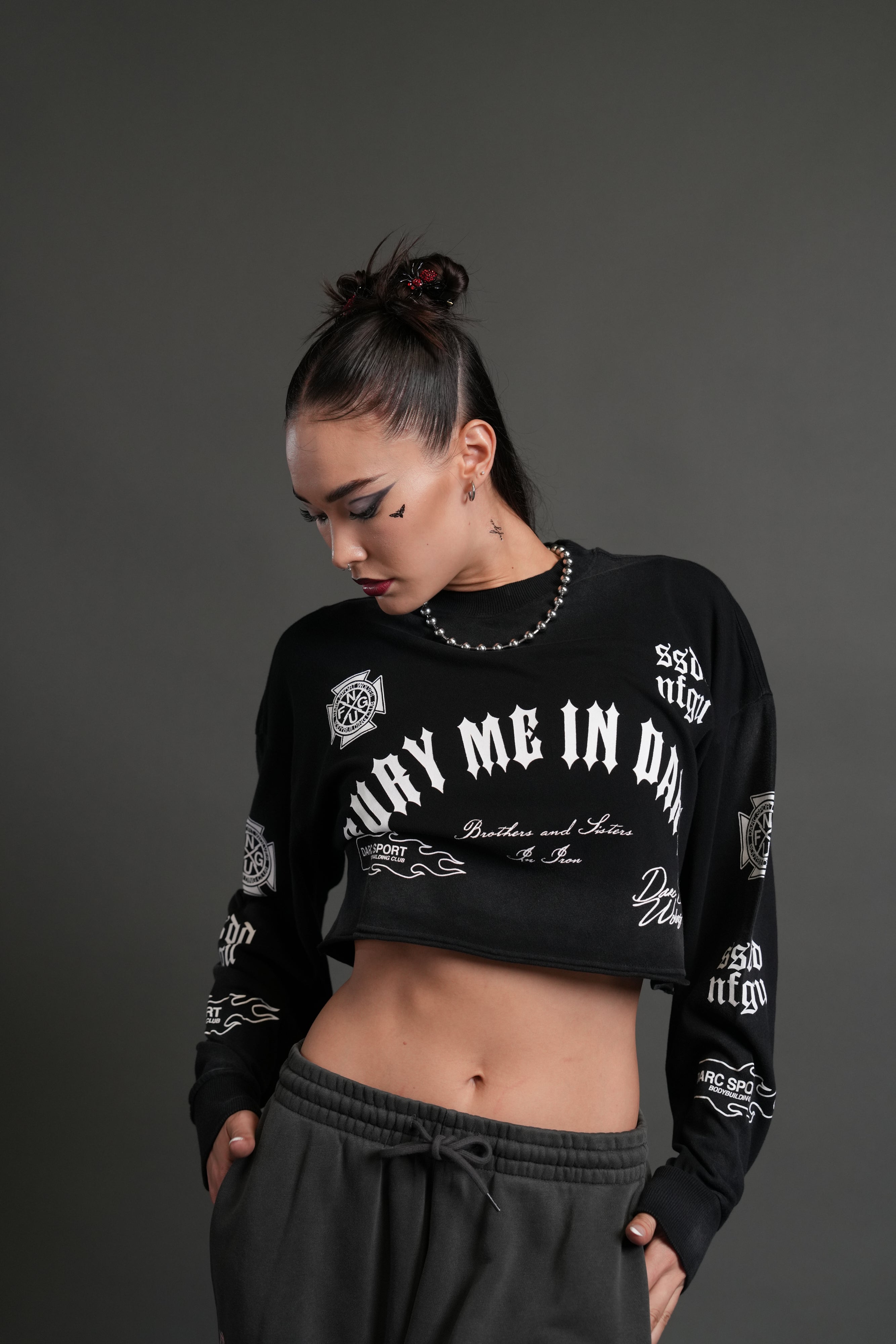 Wolves For Life "Premium" Oversized Cropped L/S Tee in Black Drift Wash