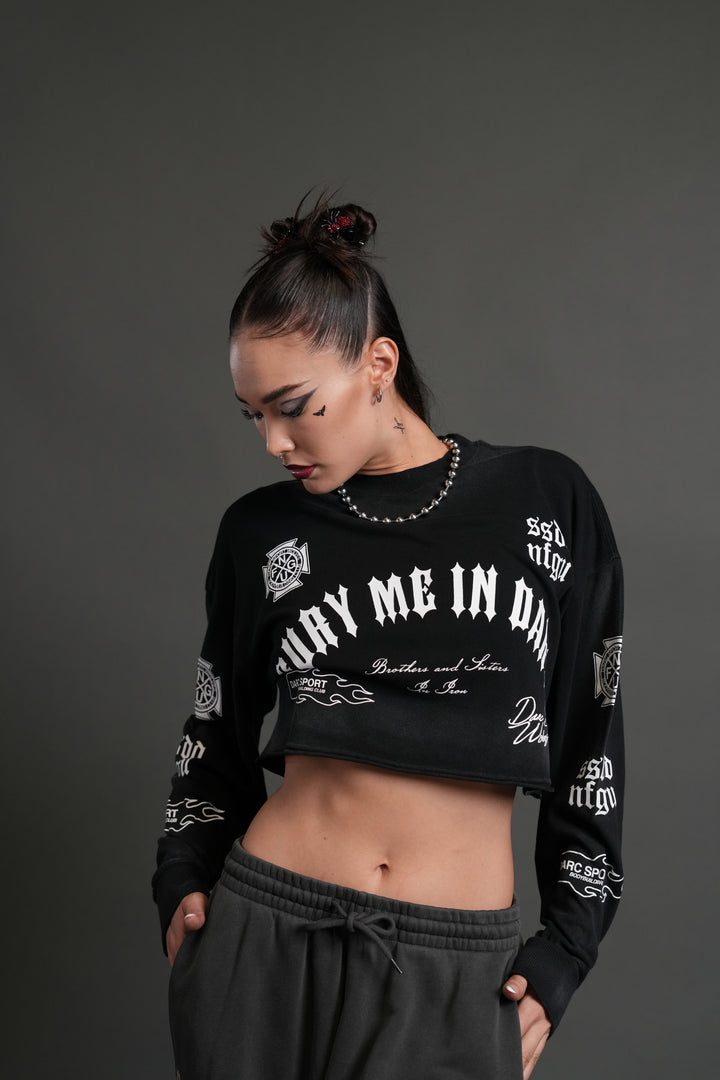 Wolves For Life "Premium" Oversized Cropped L/S Tee in Black Drift Wash