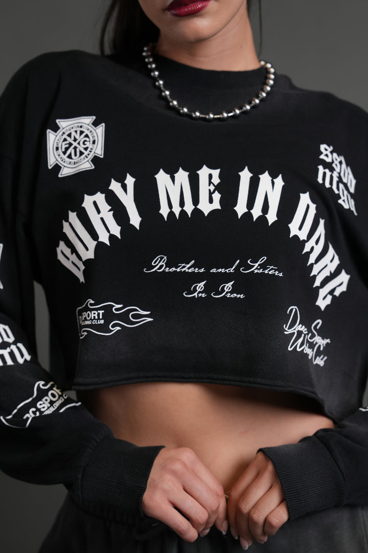 Wolves For Life "Premium" Oversized Cropped L/S Tee in Black Drift Wash