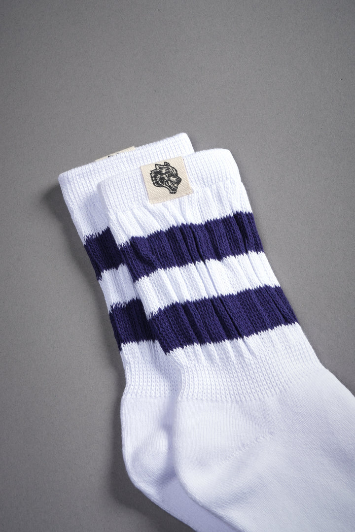 Wolf Patch V2 2 Stripe Comfy Socks in White/Royal Navy