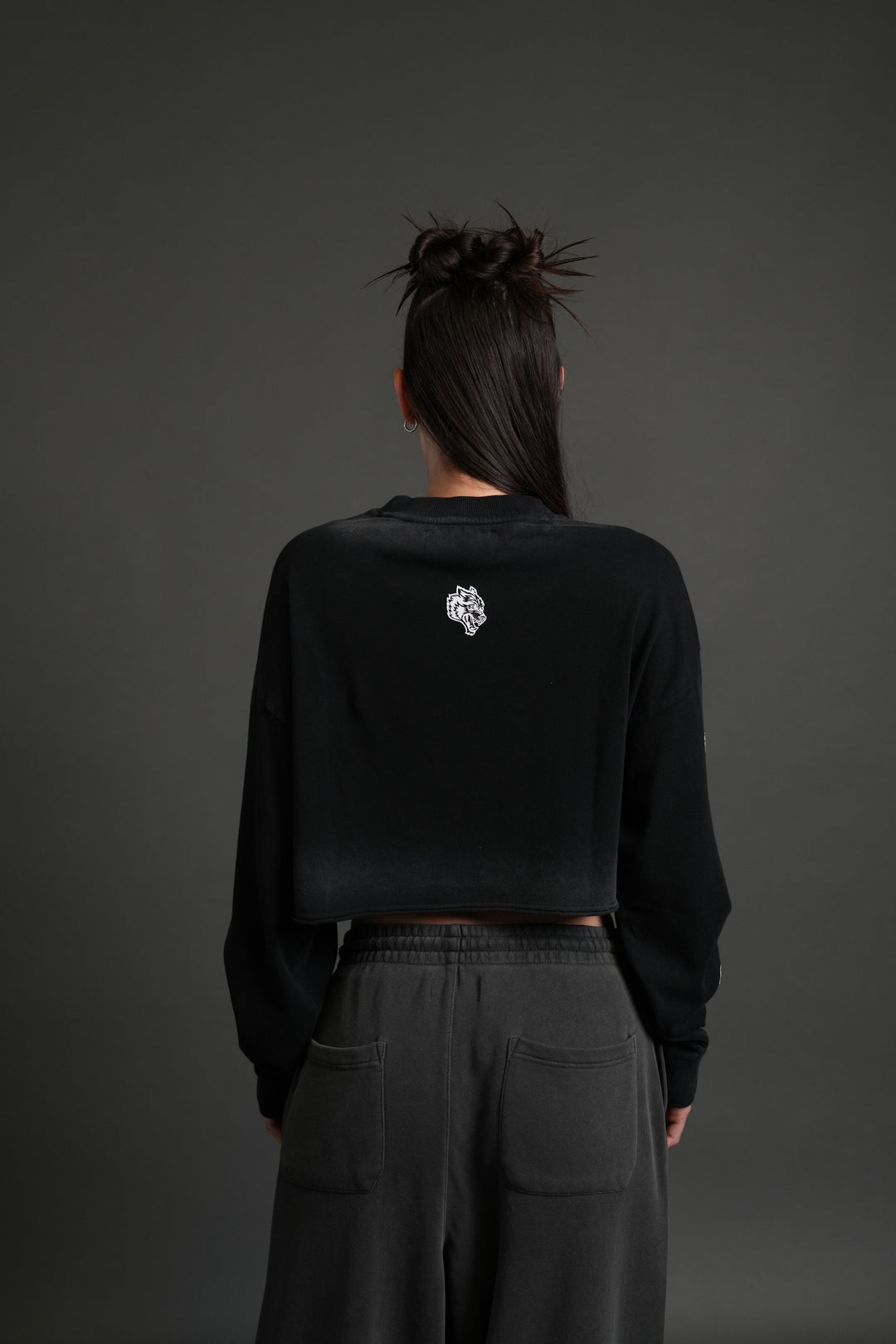 Wolves For Life "Premium" Oversized Cropped L/S Tee in Black Drift Wash