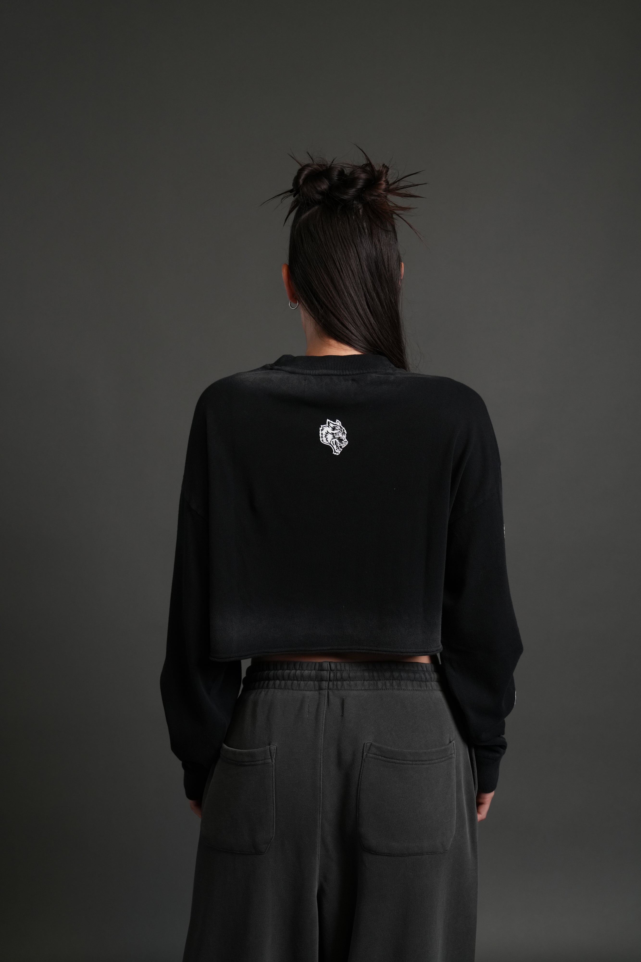 Wolves For Life "Premium" Oversized Cropped L/S Tee in Black Drift Wash