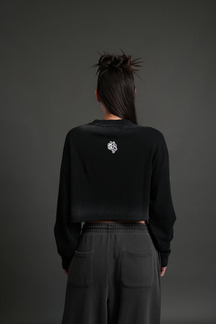 Wolves For Life "Premium" Oversized Cropped L/S Tee in Black Drift Wash