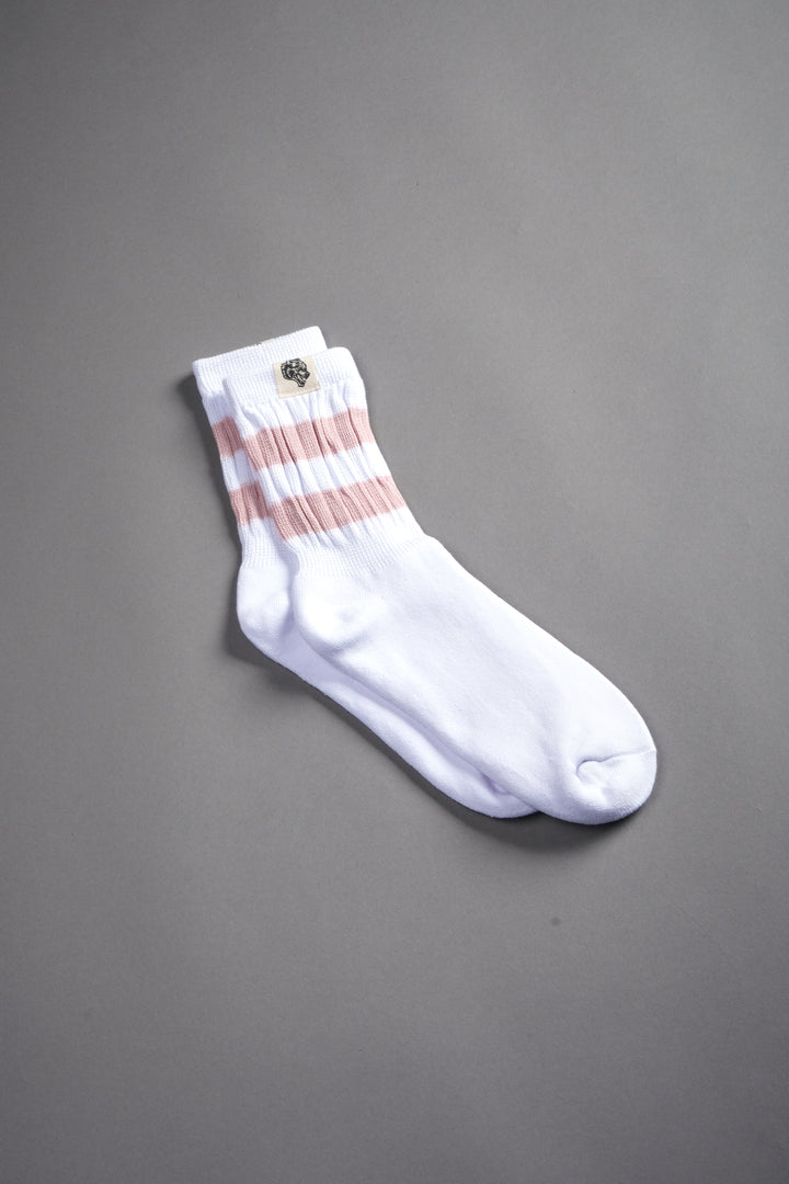 Wolf Patch V2 2 Stripe Comfy Socks in White/Cherry Blossom