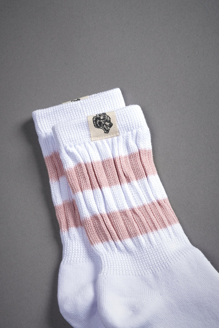 Wolf Patch V2 2 Stripe Comfy Socks in White/Cherry Blossom