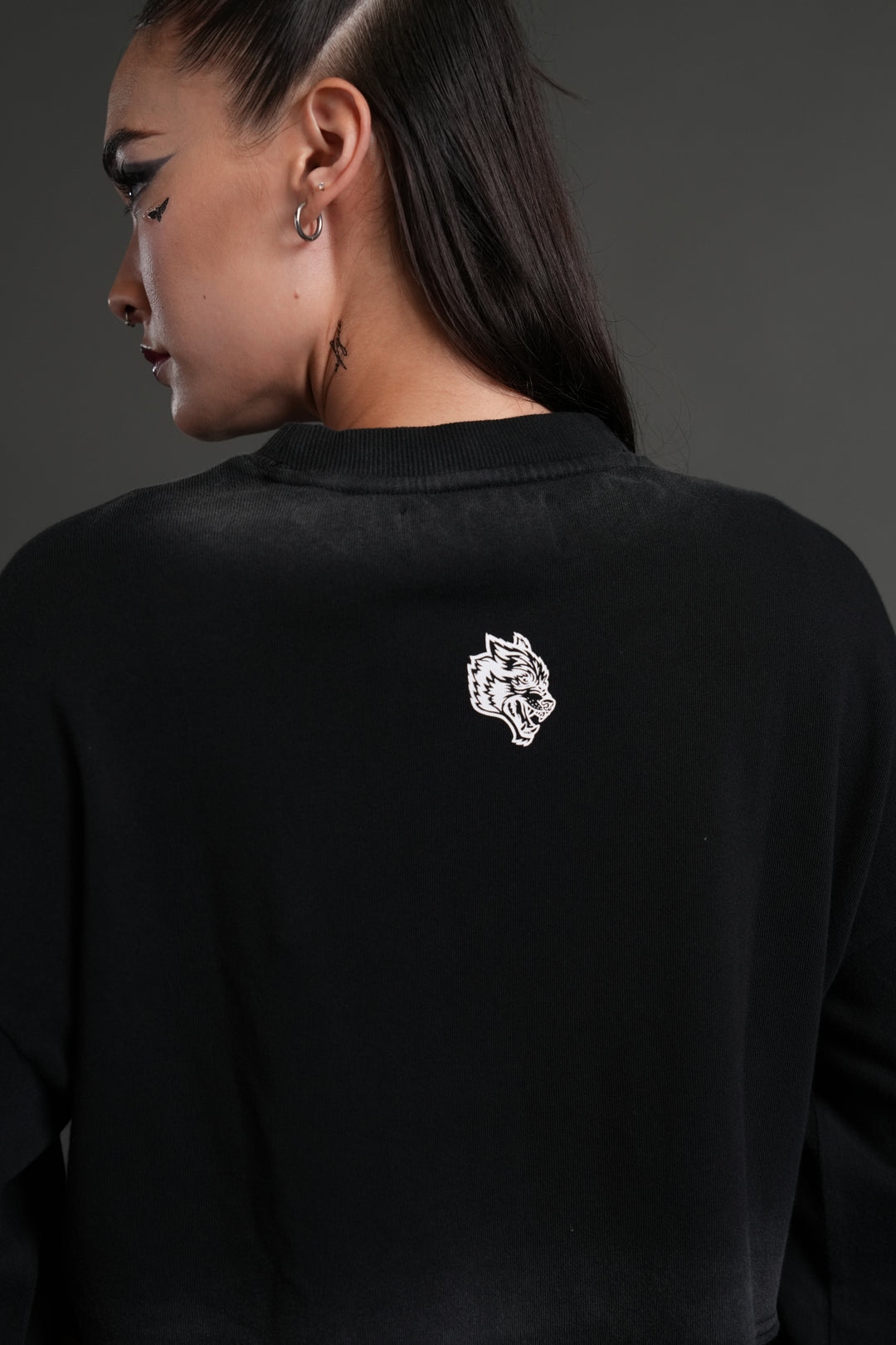 Wolves For Life "Premium" Oversized Cropped L/S Tee in Black Drift Wash