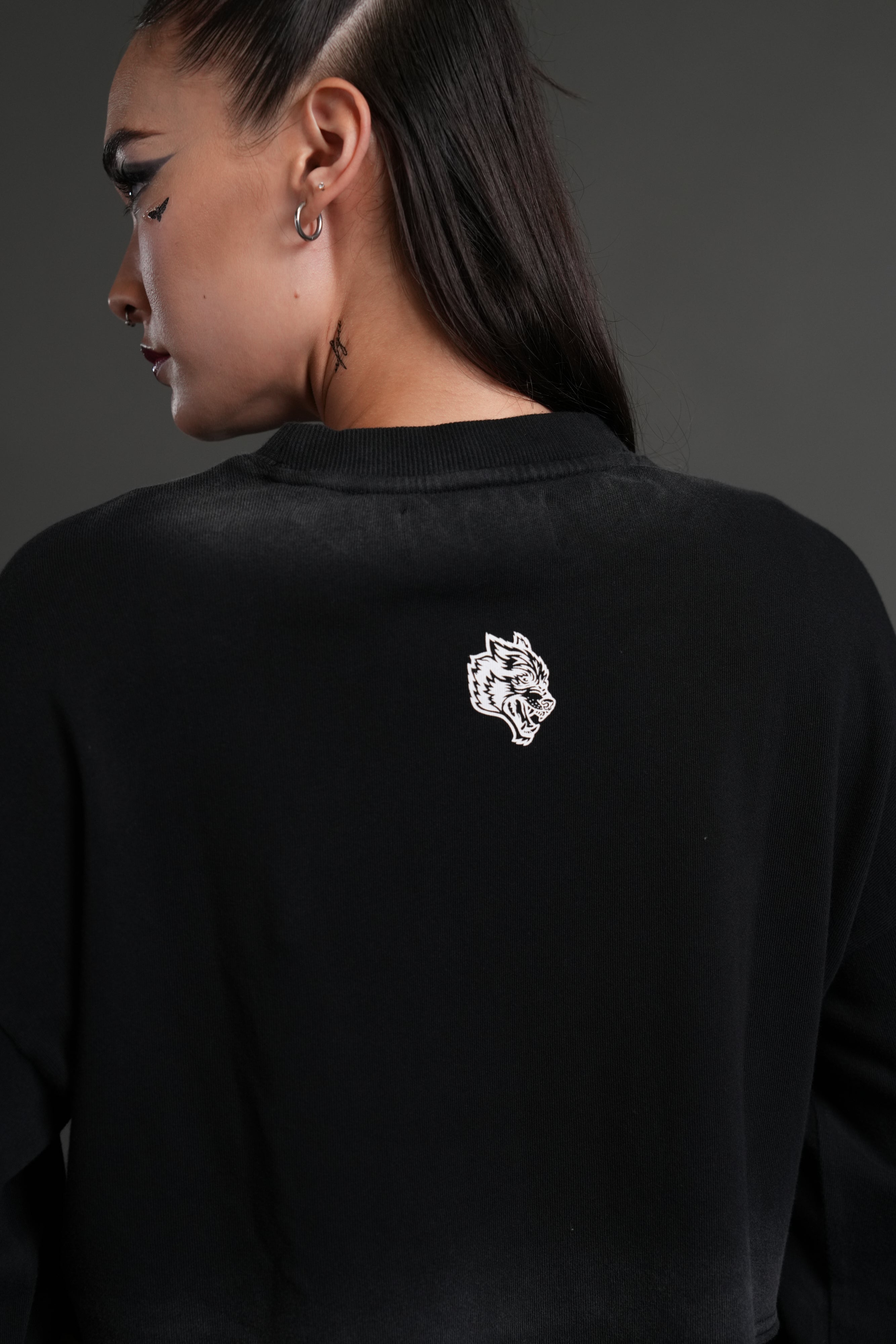 Wolves For Life "Premium" Oversized Cropped L/S Tee in Black Drift Wash