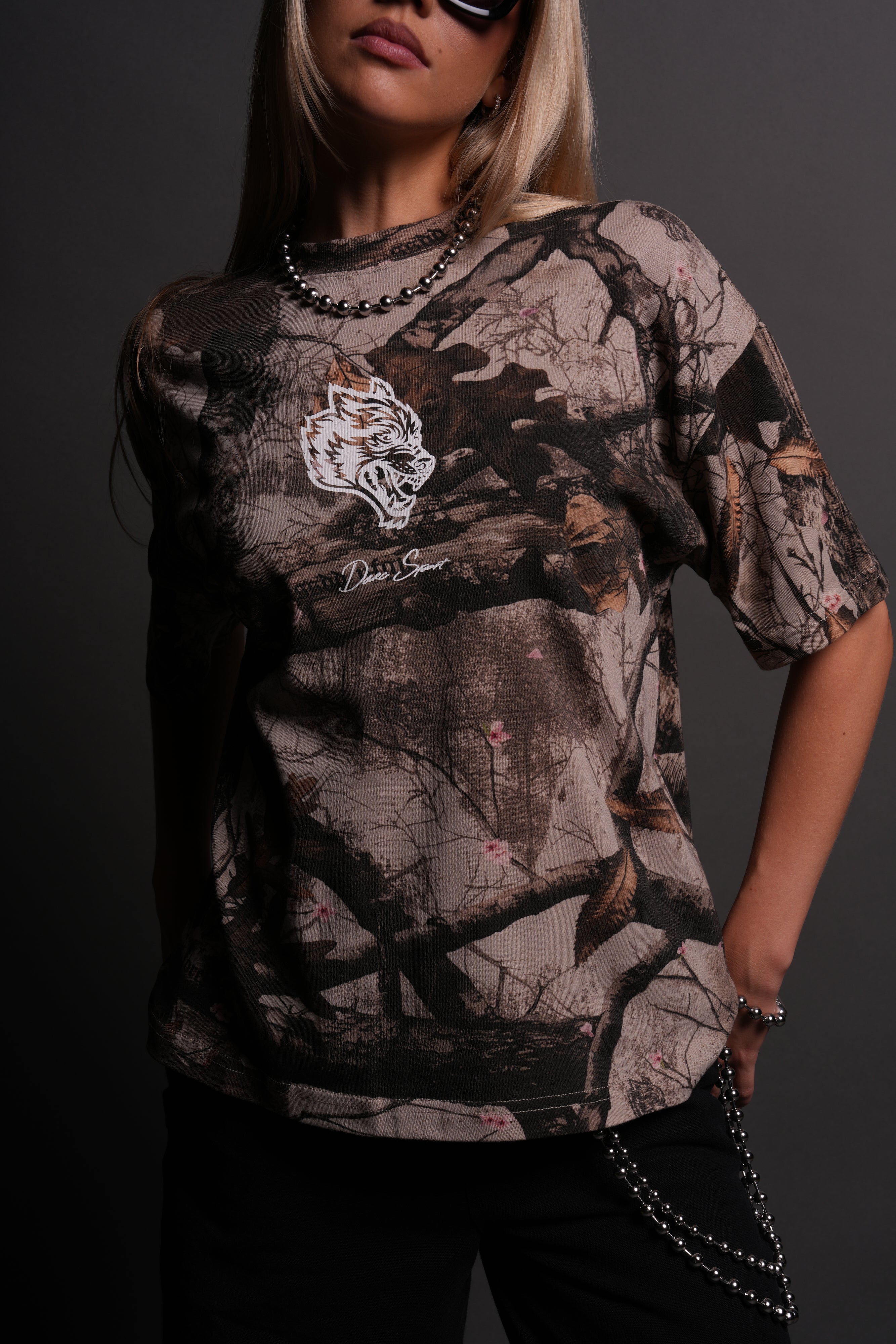 Our Wolf Forever Box Cut "Pump Cover" Tee in Cherry Blossom Woodland Camo