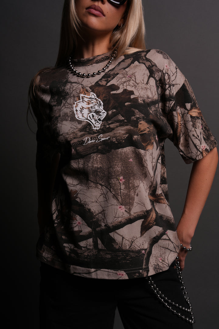 Our Wolf Forever Box Cut "Pump Cover" Tee in Cherry Blossom Woodland Camo