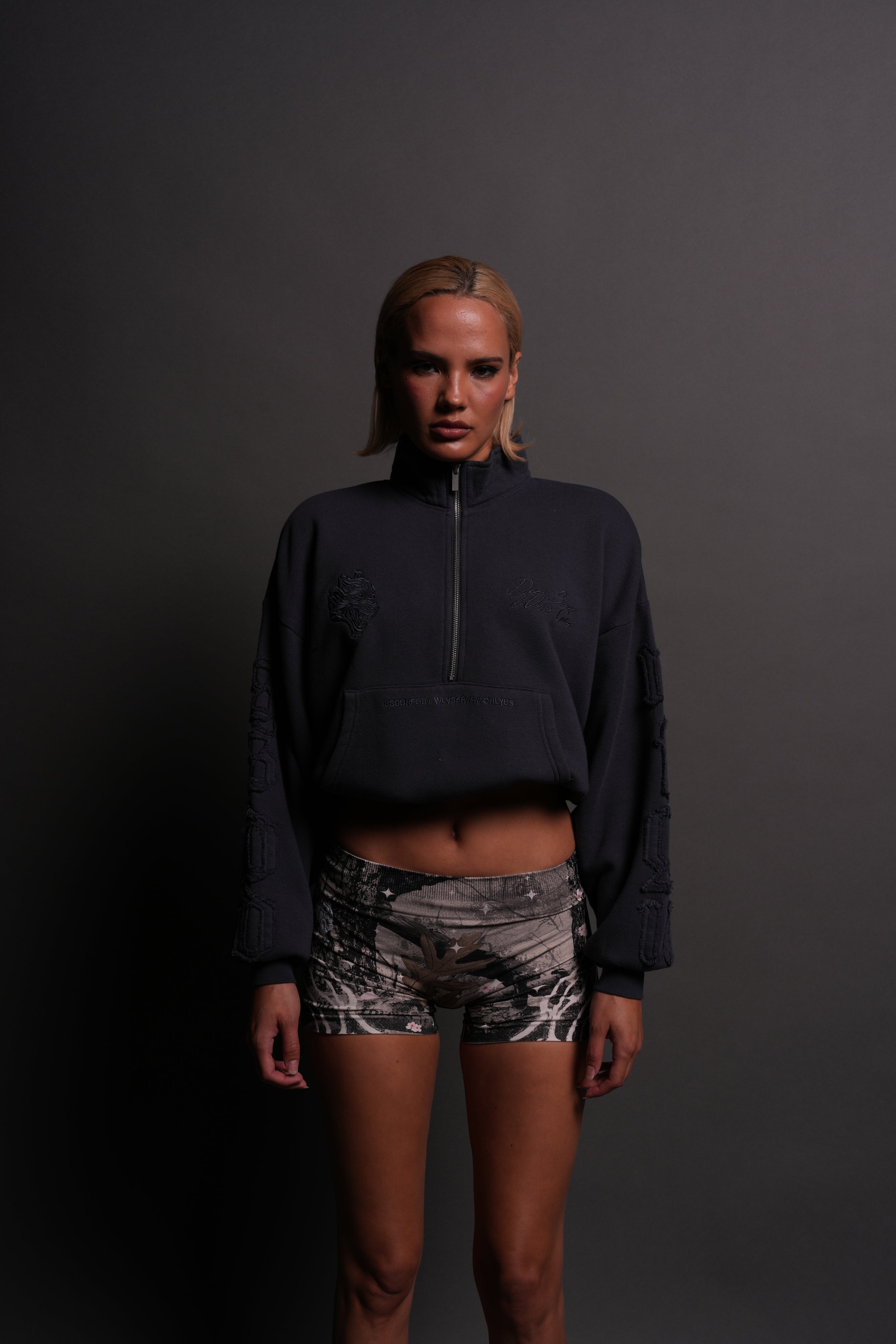 Our Mantra Appliqué Oversized "Everson" Mockneck in Midnight Blue