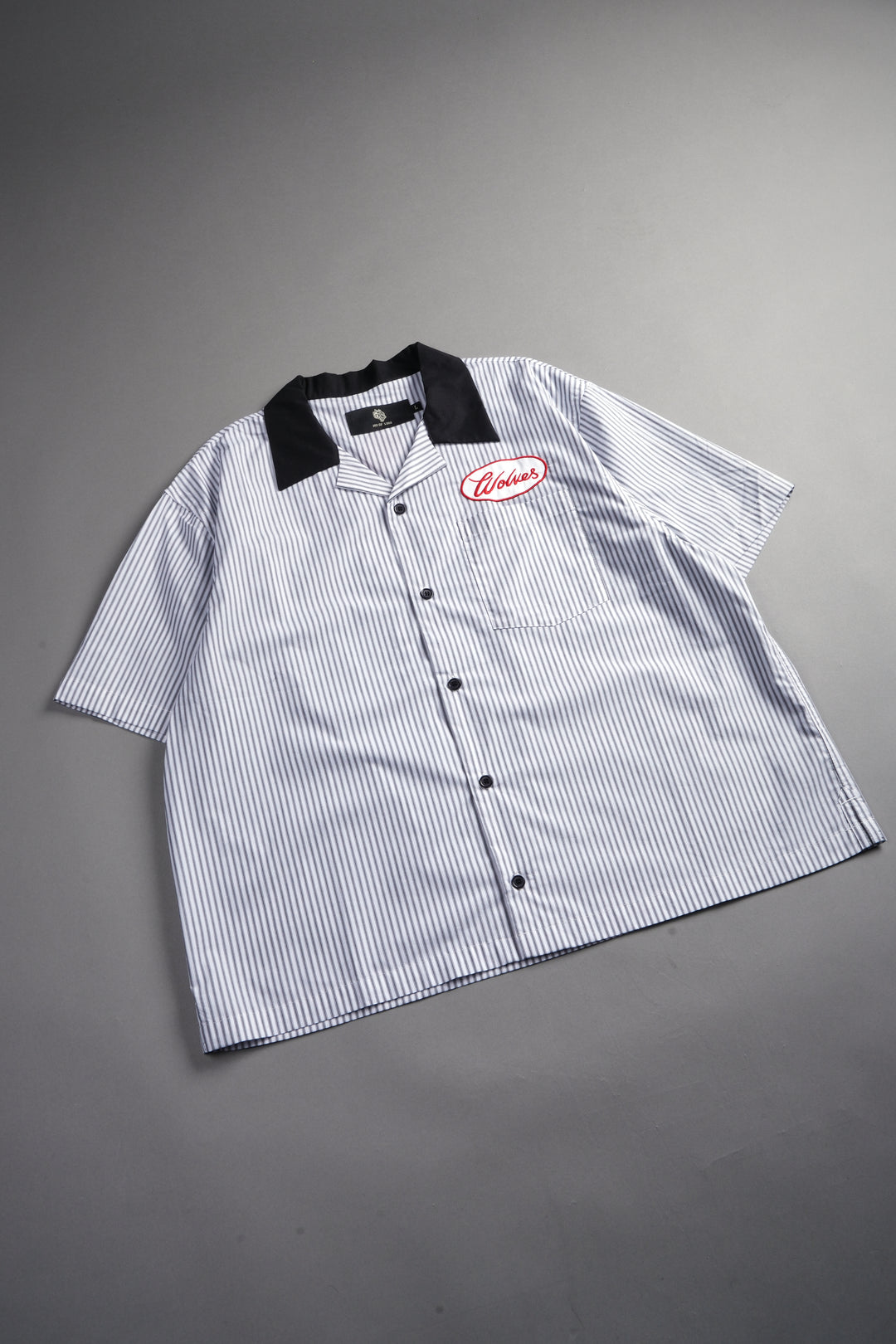 Wolves Patch Dalton Mid Length Button Up in Black Stripe