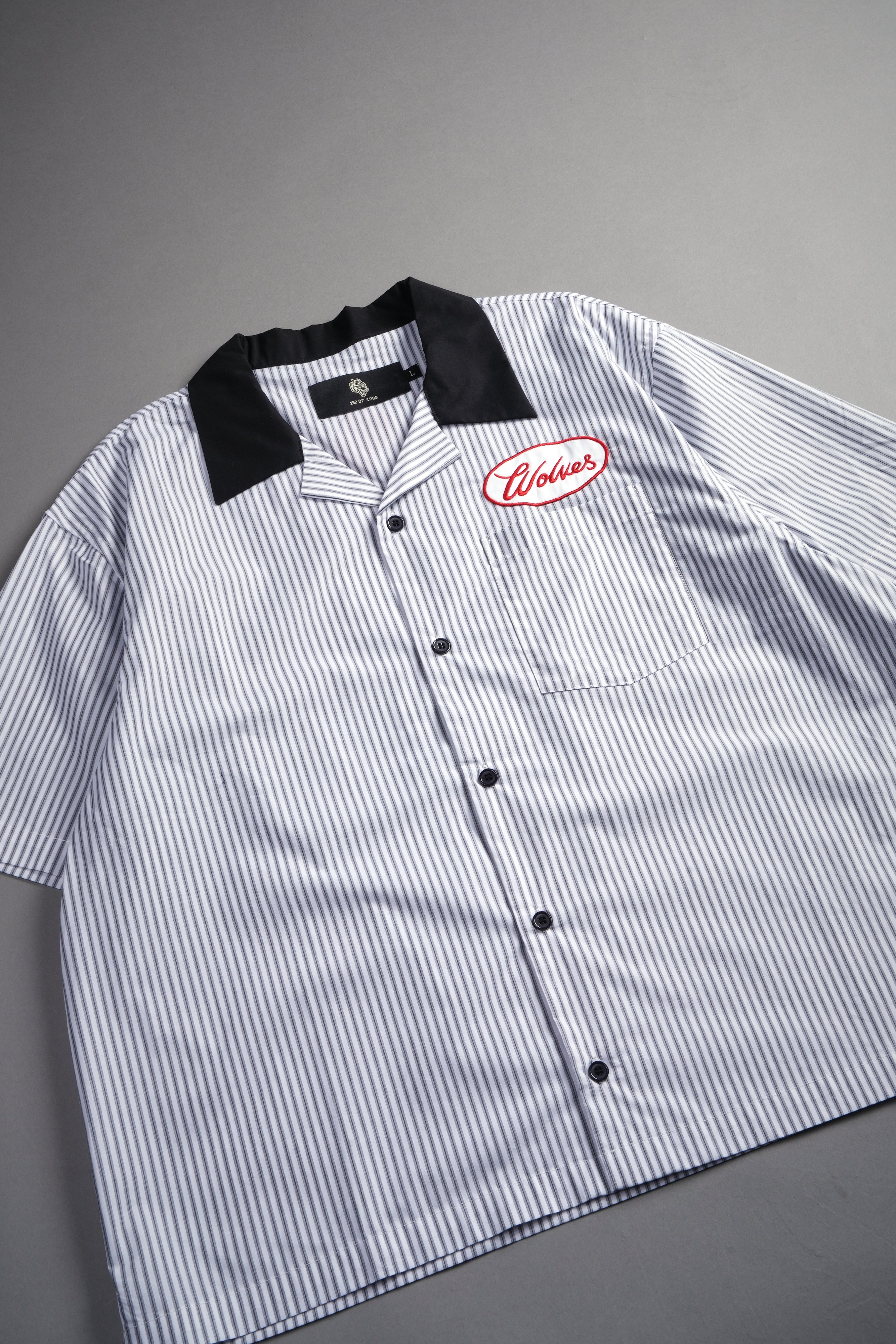 Wolves Patch Dalton Mid Length Button Up in Black Stripe