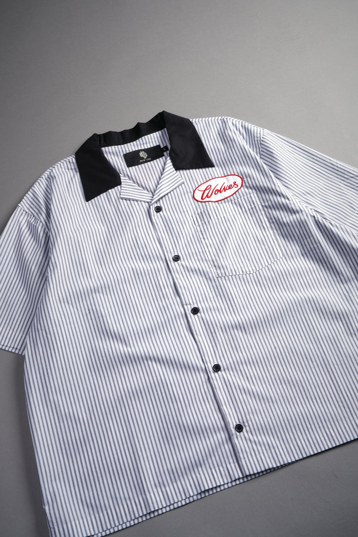 Wolves Patch Dalton Mid Length Button Up in Black Stripe