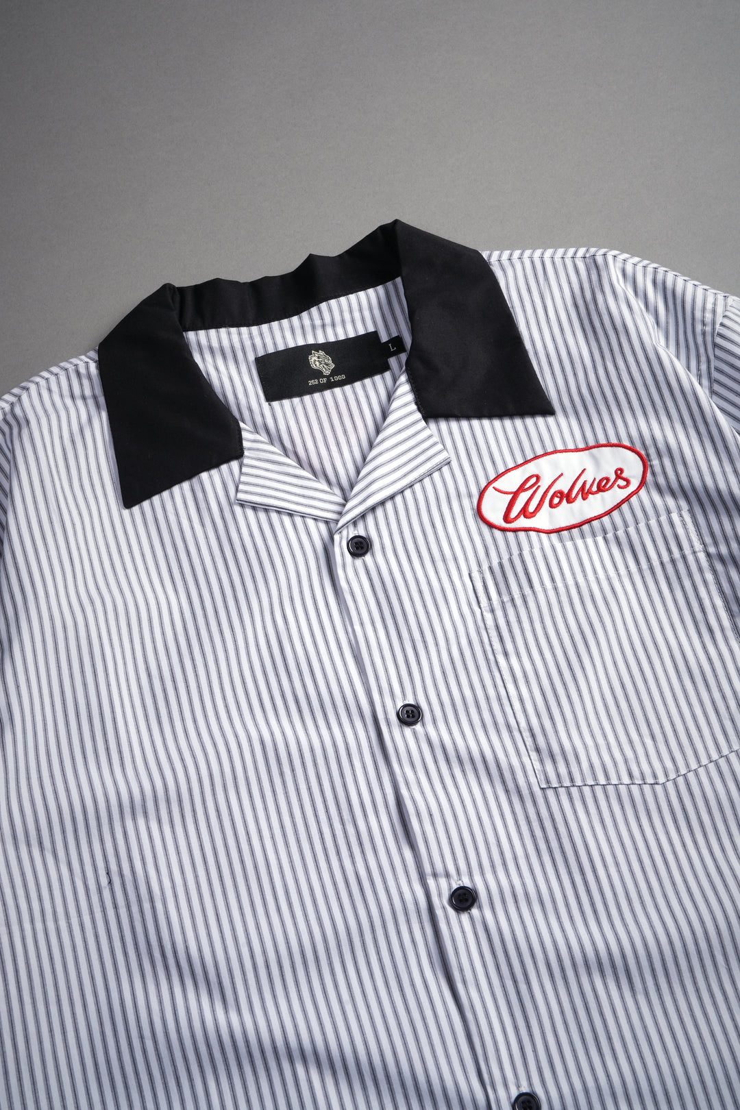 Wolves Patch Dalton Mid Length Button Up in Black Stripe