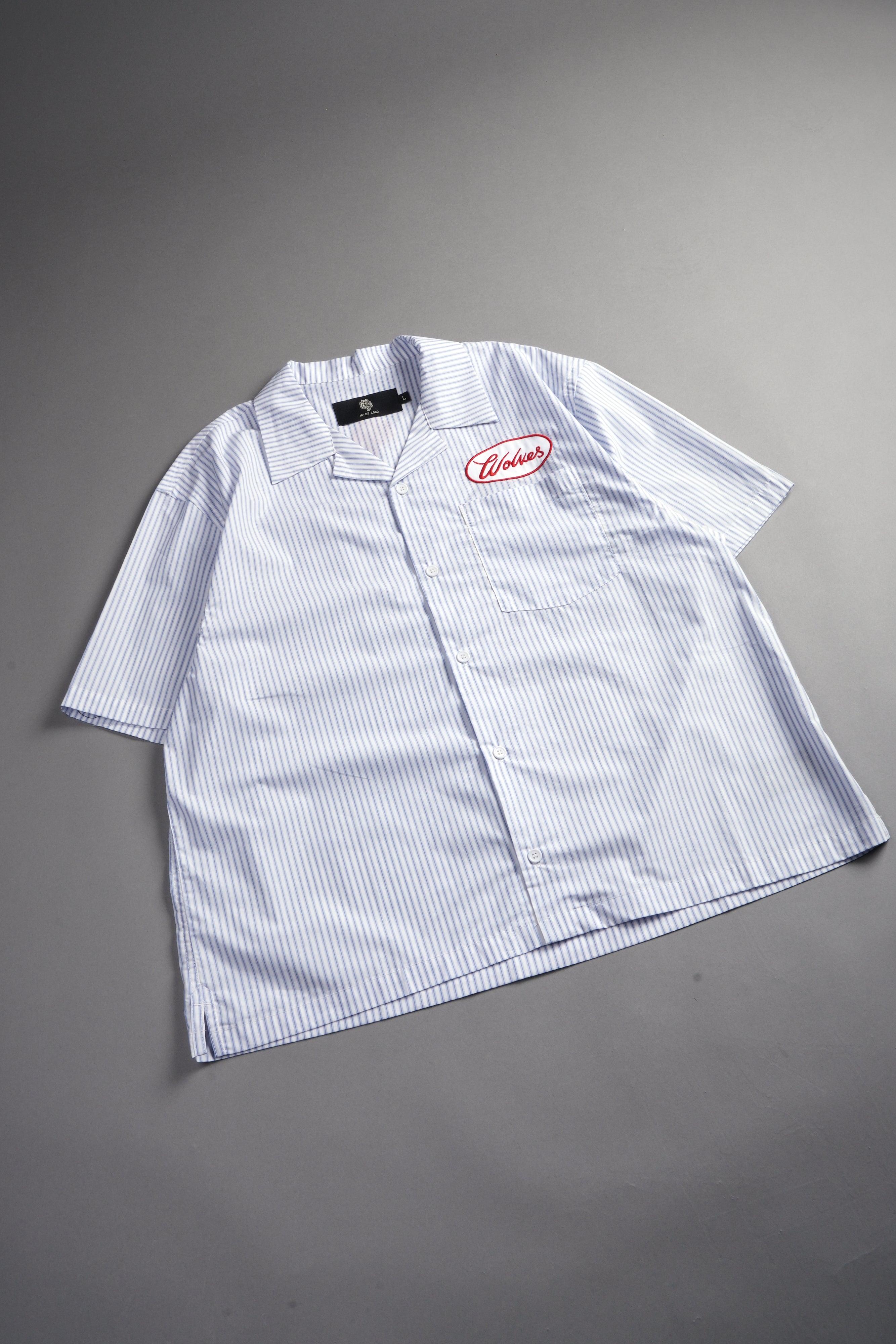 Wolves Patch Dalton Mid Length Button Up in Blue Stripe