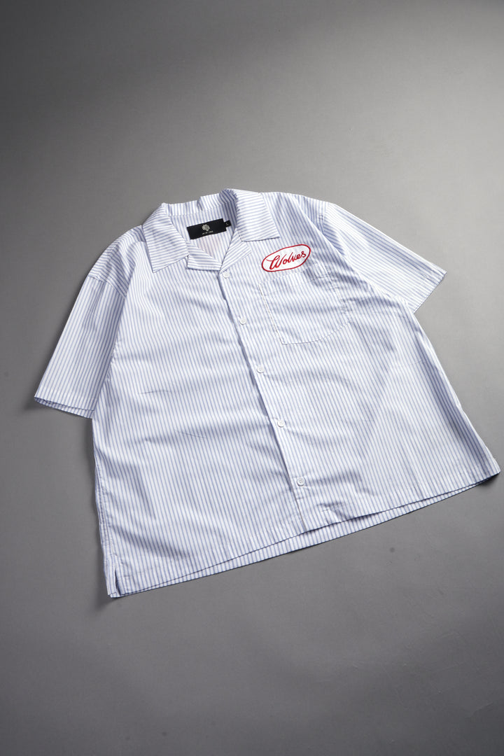 Wolves Patch Dalton Mid Length Button Up in Blue Stripe