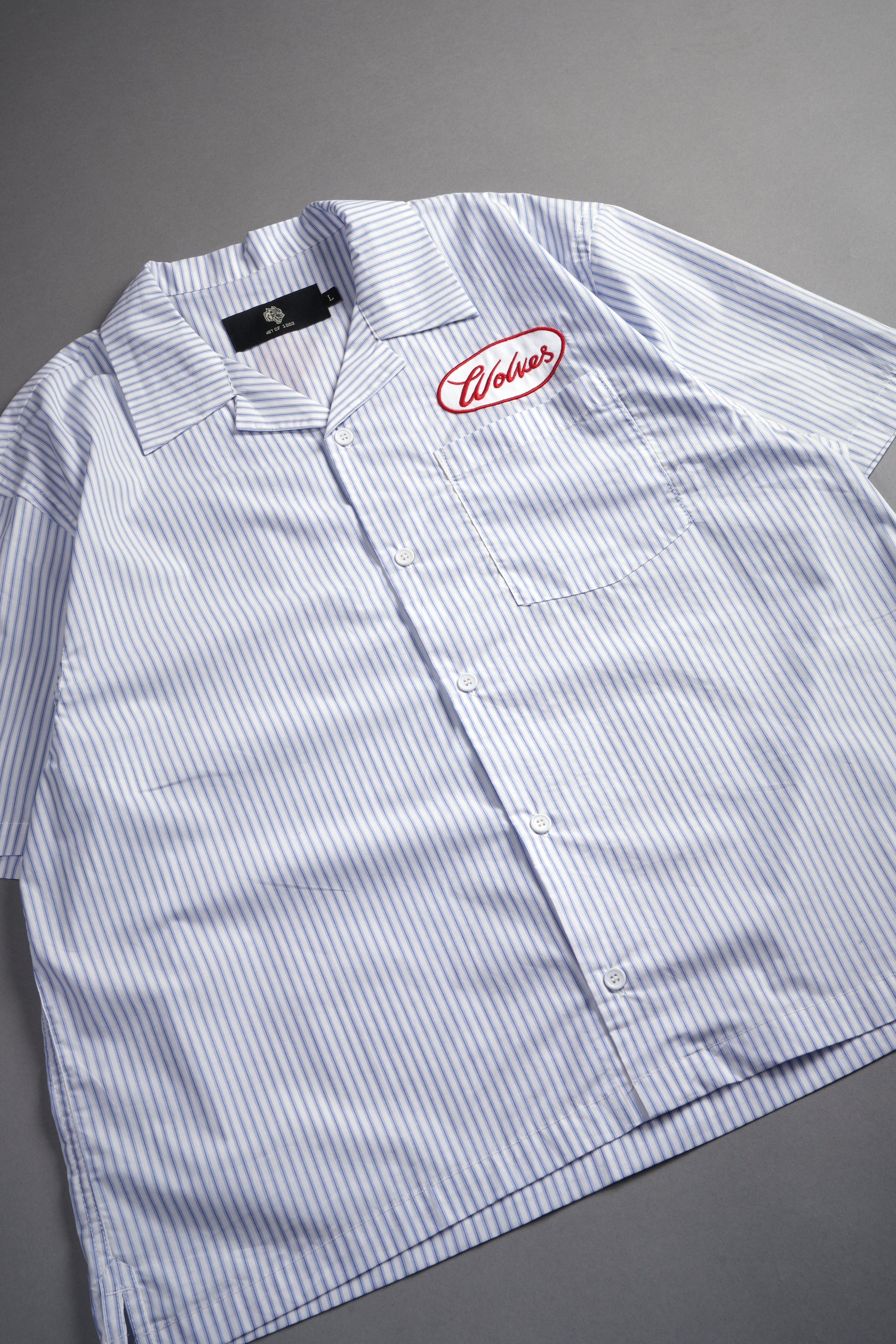 Wolves Patch Dalton Mid Length Button Up in Blue Stripe