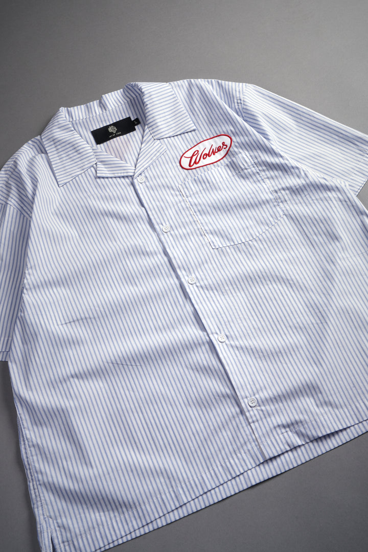 Wolves Patch Dalton Mid Length Button Up in Blue Stripe