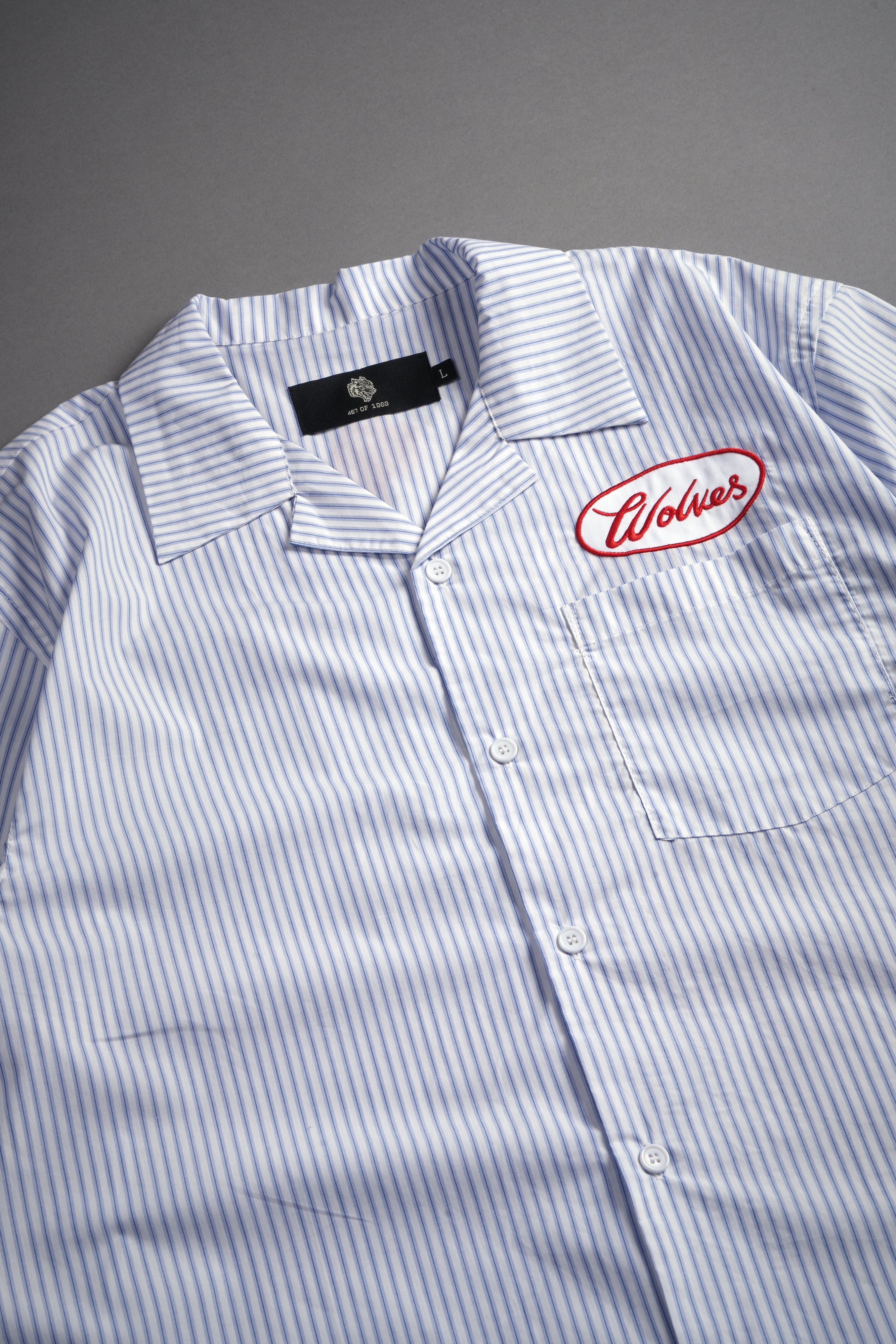 Wolves Patch Dalton Mid Length Button Up in Blue Stripe