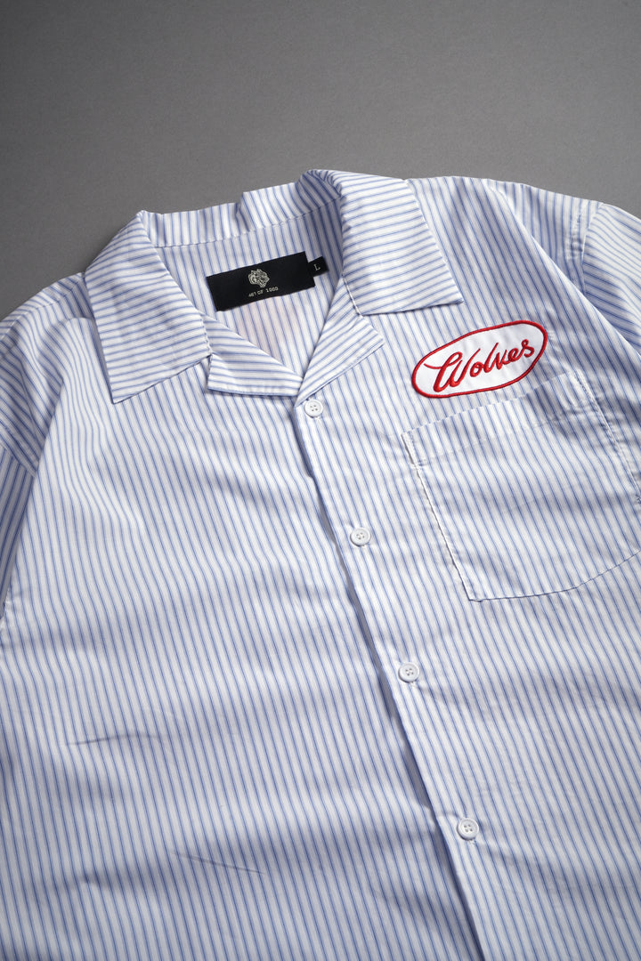 Wolves Patch Dalton Mid Length Button Up in Blue Stripe