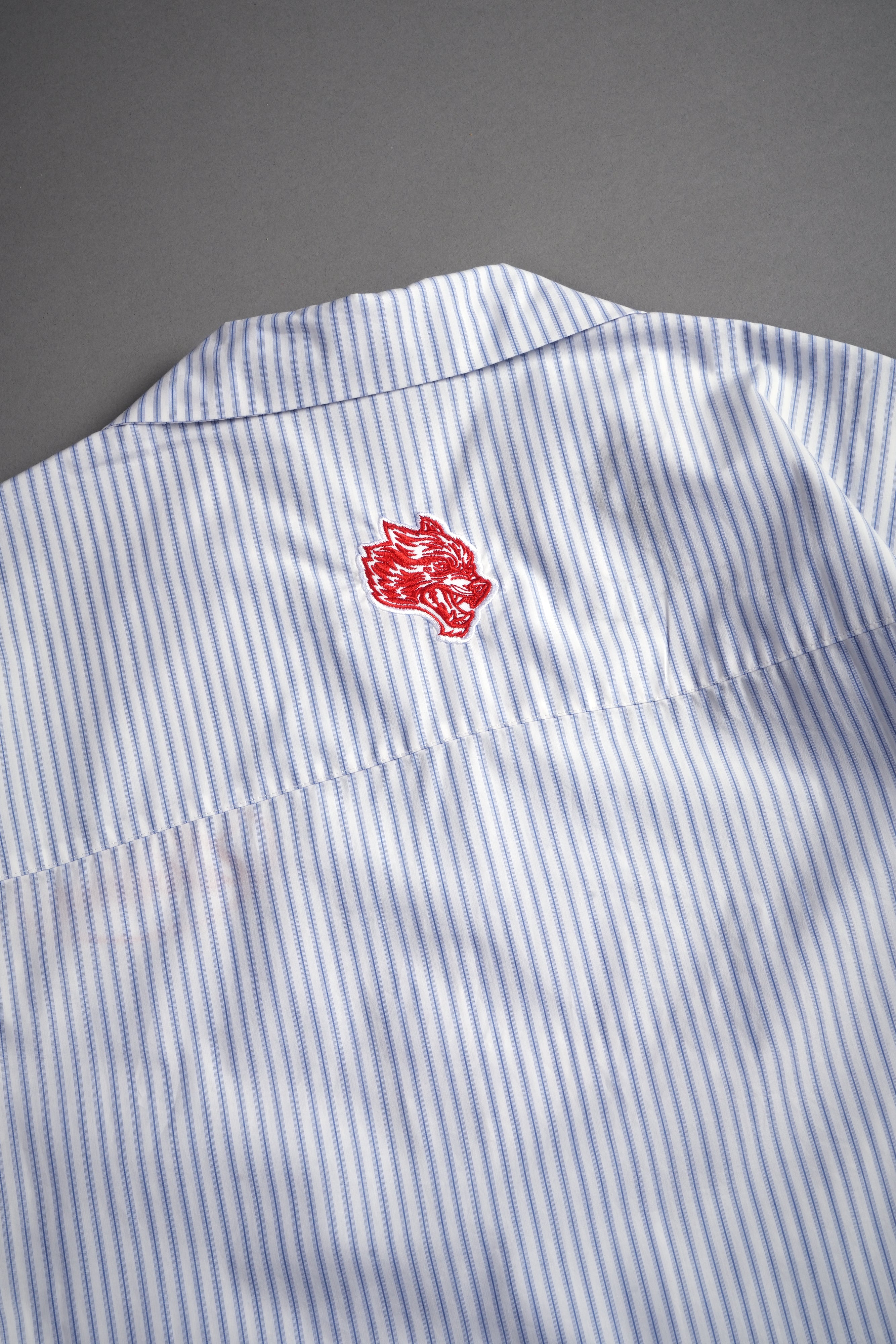 Wolves Patch Dalton Mid Length Button Up in Blue Stripe
