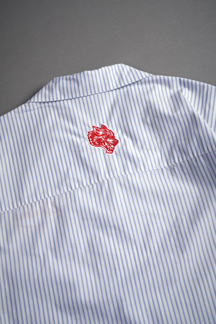 Wolves Patch Dalton Mid Length Button Up in Blue Stripe