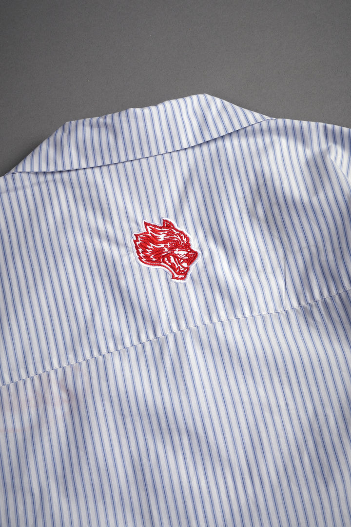 Wolves Patch Dalton Mid Length Button Up in Blue Stripe