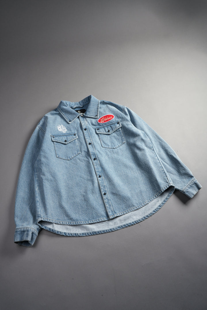 Wlvsfrvr Patch Winslow Denim Shirt Jacket in Light Wash