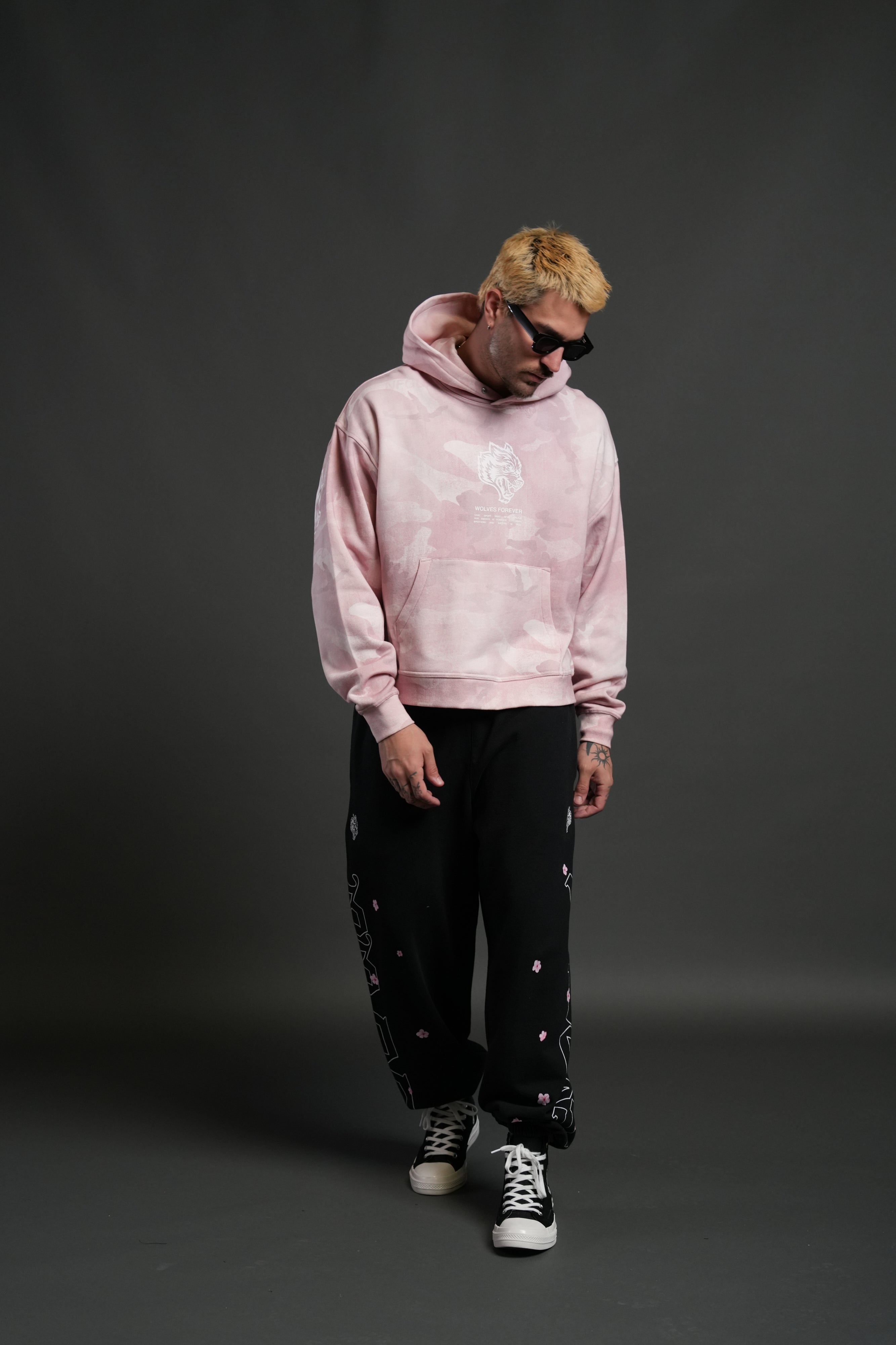 Wolves Have Your Back Unisex "Box Cut" Pierce Hoodie in Blush Vintage Woodland Camo