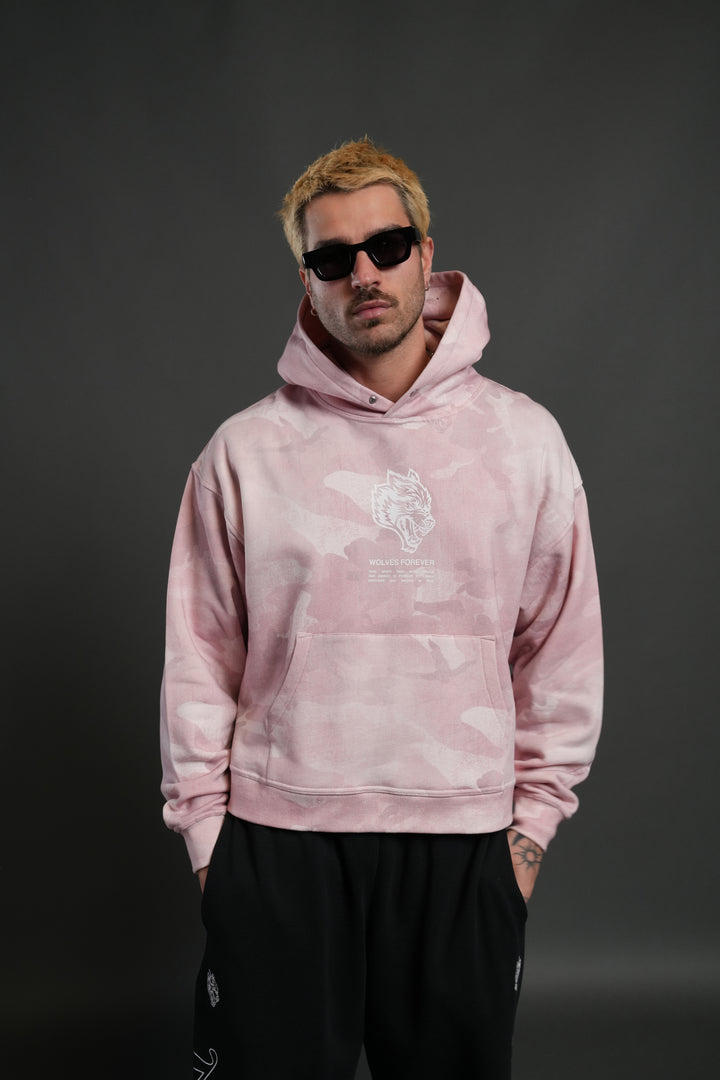 Wolves Have Your Back Unisex "Box Cut" Pierce Hoodie in Blush Vintage Woodland Camo