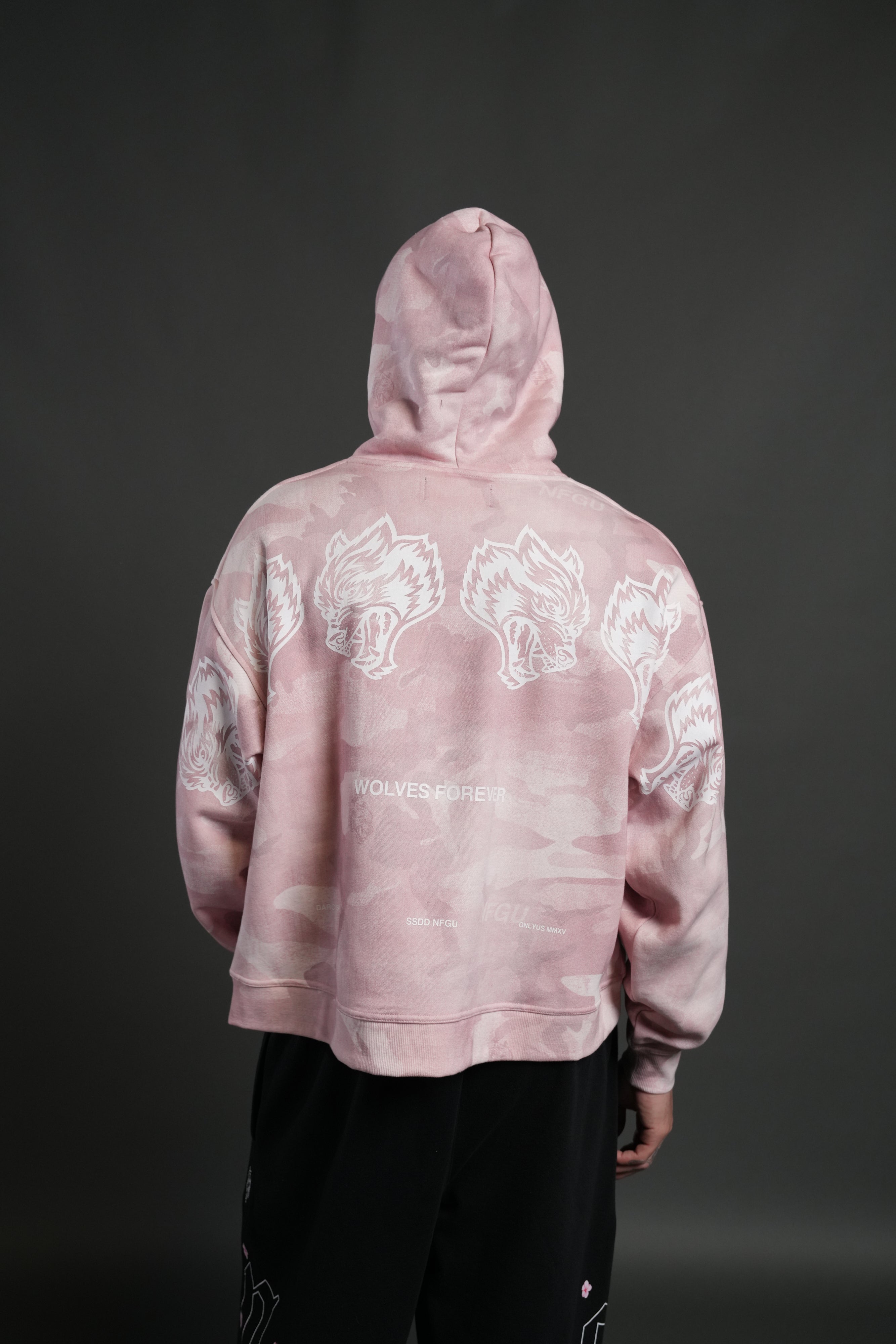 Wolves Have Your Back Unisex "Box Cut" Pierce Hoodie in Blush Vintage Woodland Camo
