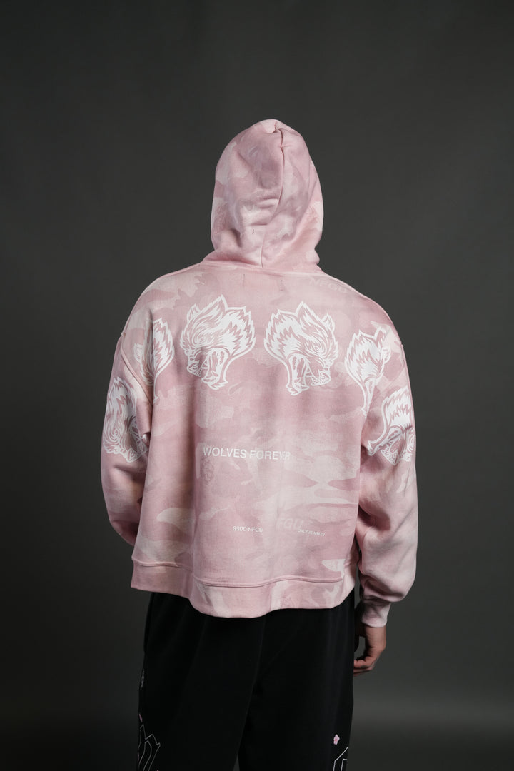 Wolves Have Your Back Unisex "Box Cut" Pierce Hoodie in Blush Vintage Woodland Camo