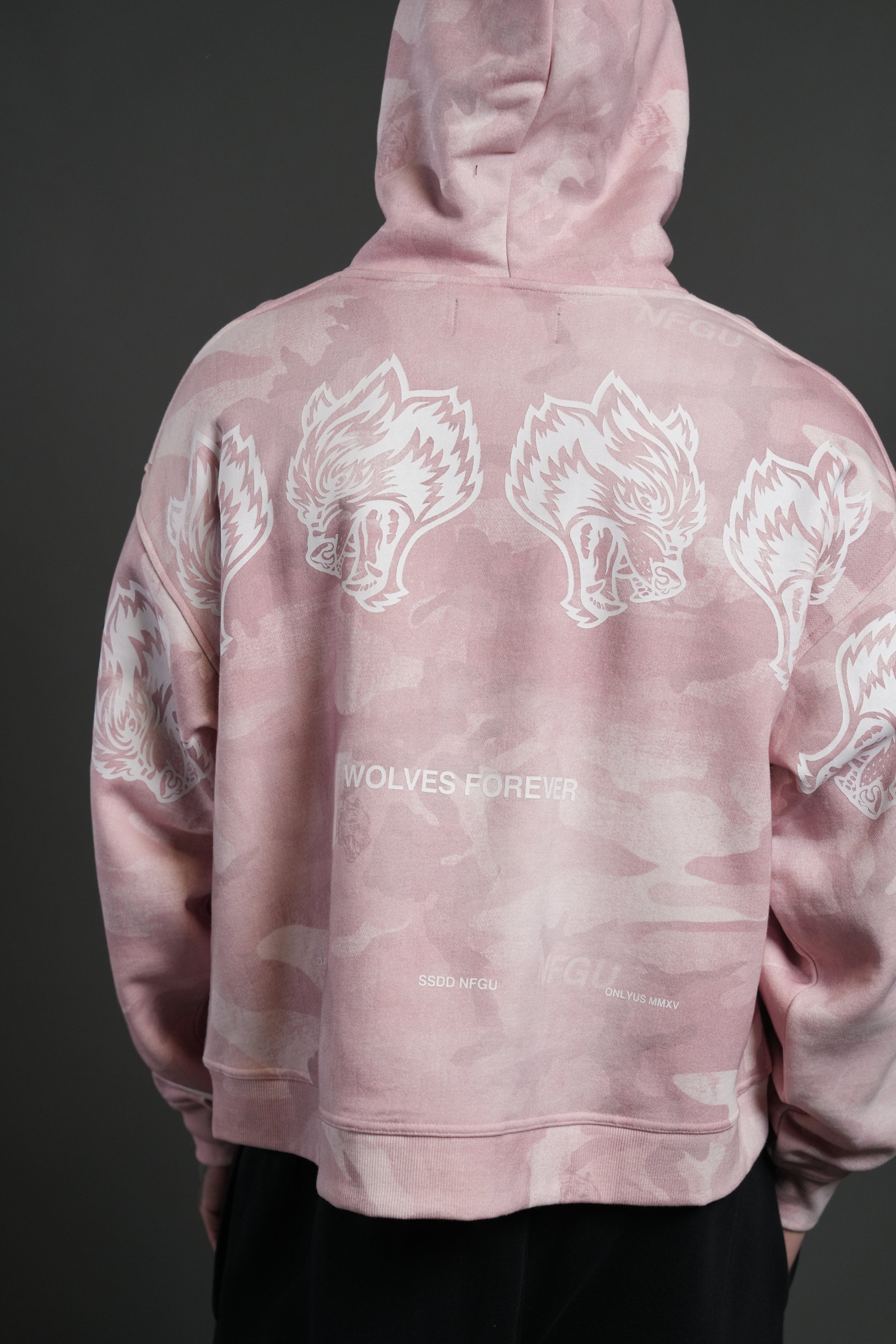 Wolves Have Your Back Unisex "Box Cut" Pierce Hoodie in Blush Vintage Woodland Camo